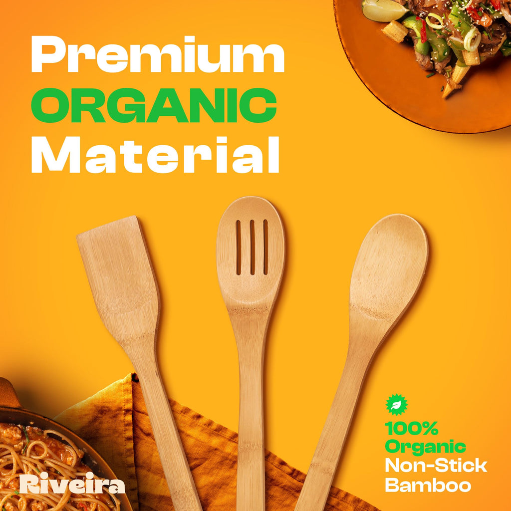 Riveira Dark Bamboo Wooden Spoons for Cooking 6-Piece, Apartment Essentials Wood Spatula Spoon Nonstick Kitchen Utensil Set Premium Quality Housewarming Gifts for Everyday Use