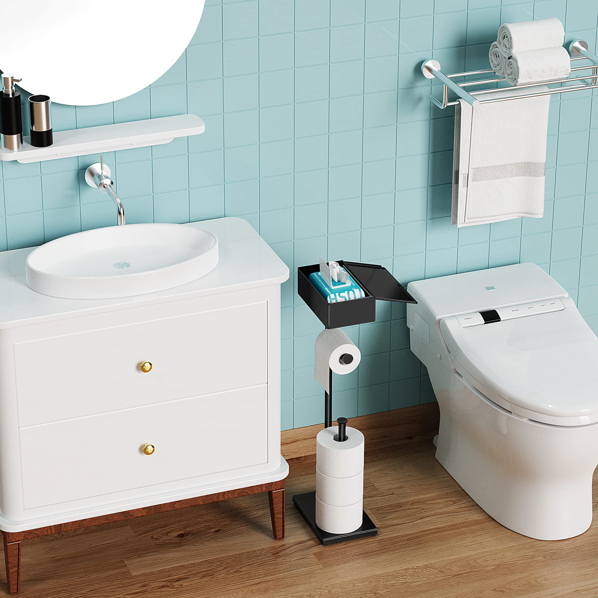 CISILY Black Toilet Paper Holder Stand with Phone Shelf, Bathroom Toliet Decor Decoration. Tissue Roll Free Standing Storage, Rv Accessories, Apartment Restroom Household Home Essentials