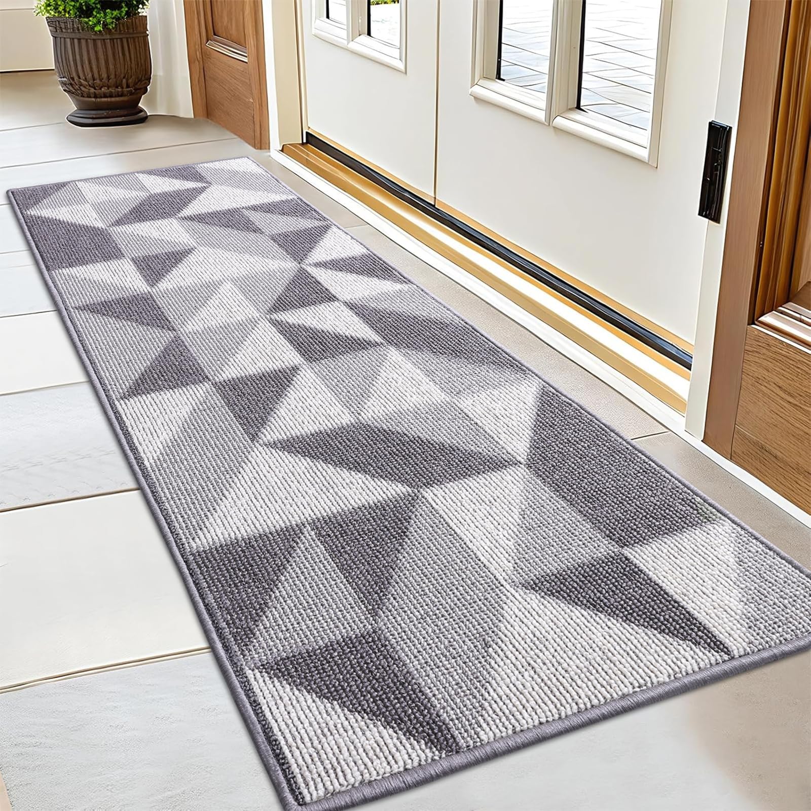 OLANLY Door Mat Indoor Entrance Washable 32x20, Odor-Free Low-Profile Front Back Geometric Doormat, Absorbent Resist Dirt Entry Carpet, Easy to Clean Sturdy Inside Floor Mats for Entryway, Black