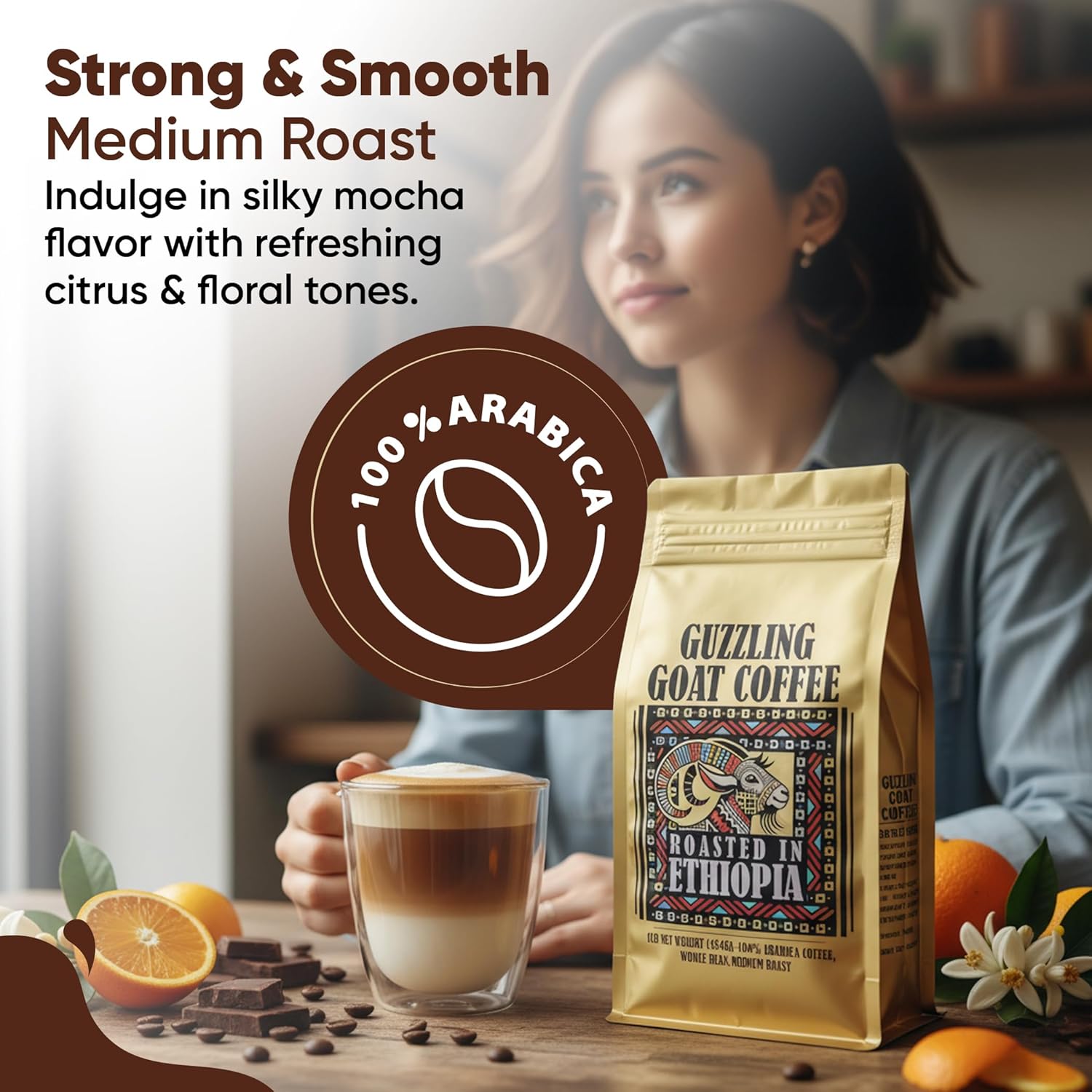 Guzzling Goat Ethiopian Coffee Beans | Premium 100% Arabica Whole Bean Coffee Medium Roast | Strong Flavorful Brew | Sourced & Roasted in Ethiopia | 1 lb (454g)