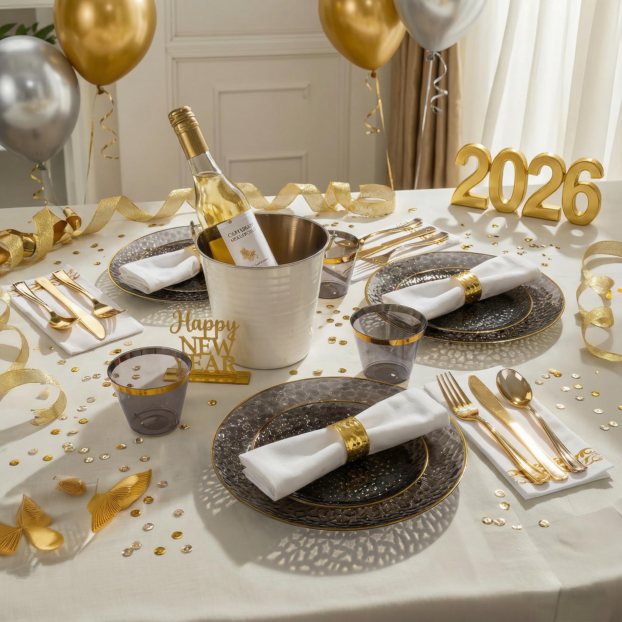 DaYammi 100 Pcs Clear Gold Plastic Plates, Hammered Party Plate, Fancy Plastic Plates Disposable Clear Disposable Dessert Platos, 7 Inch Heavy duty Plastic Dessert Platos for Party & Wedding