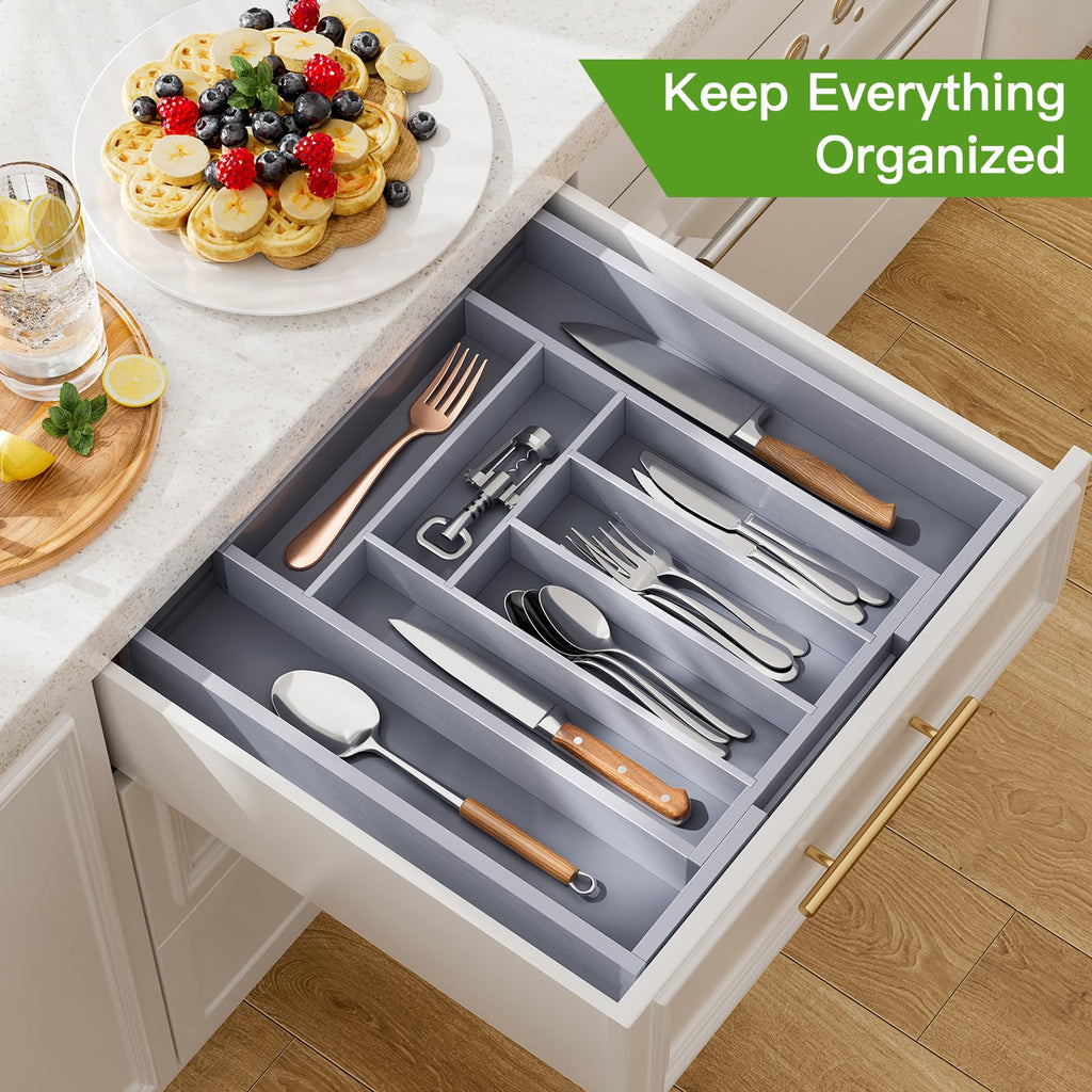 Pipishell Bamboo Expandable Silverware Drawer Organizer, Adjustable Kitchen Utensil Tray for Forks, Spoons and Knives, Wood Storage Cutlery Holder for Bedroom and Living Room