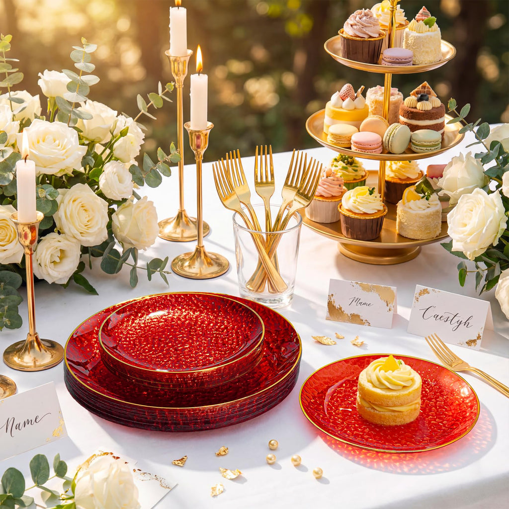 DaYammi 240Pcs Gold Plastic Plates Including 120Pcs Dessert Plates and 120Pcs Cake Forks,Hammered Party Plate,Clear Gold Appetizer plates Heavy duty Disposable Plastic Plate for Party Wedding Birthday