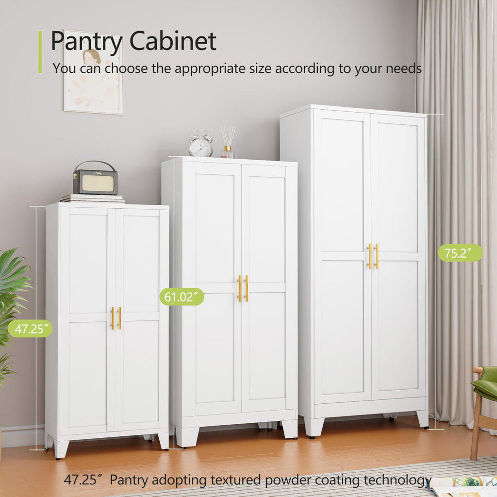 GAIOUS Metal Pantry Cabinet, Kitchen Pantry Storage Cabinets with 2 Door and 3 Adjustable Shelves, White Kitchen Pantry Cabinet, Freestanding Cupboard for Dining Room Living Room Bathroom