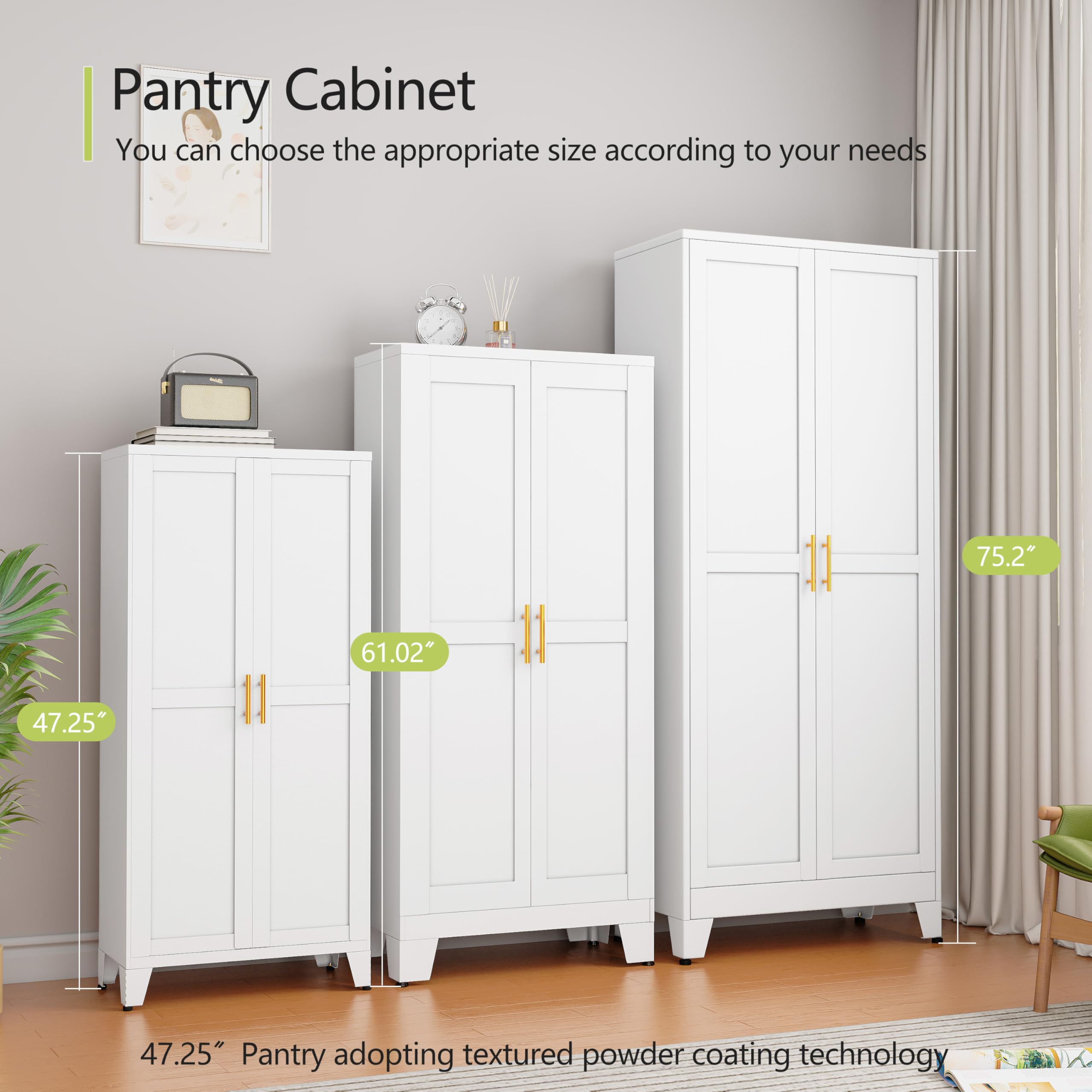 GAIOUS Metal Pantry Cabinet, Kitchen Pantry Storage Cabinets with 2 Door and 3 Adjustable Shelves, White Kitchen Pantry Cabinet, Freestanding Cupboard for Dining Room Living Room Bathroom