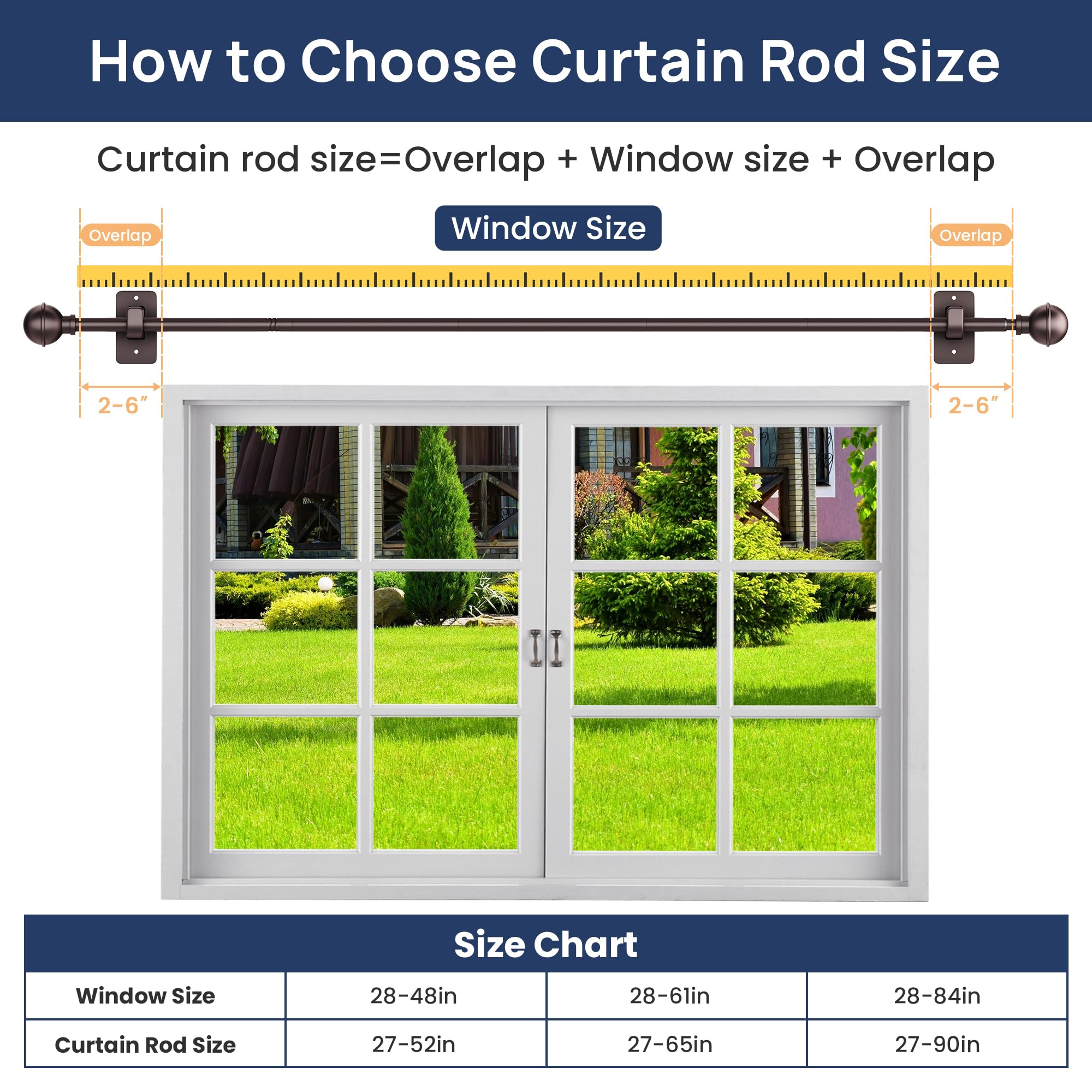 ENJOYBASICS No Drill Curtain Rods for Window 28 to 47 Inches, 5/8 Inch Diameter Renter Friendly Drapery Rod with Adhesive Brackets without Drilling, Adjustable from 27 to 52 Inches, Black
