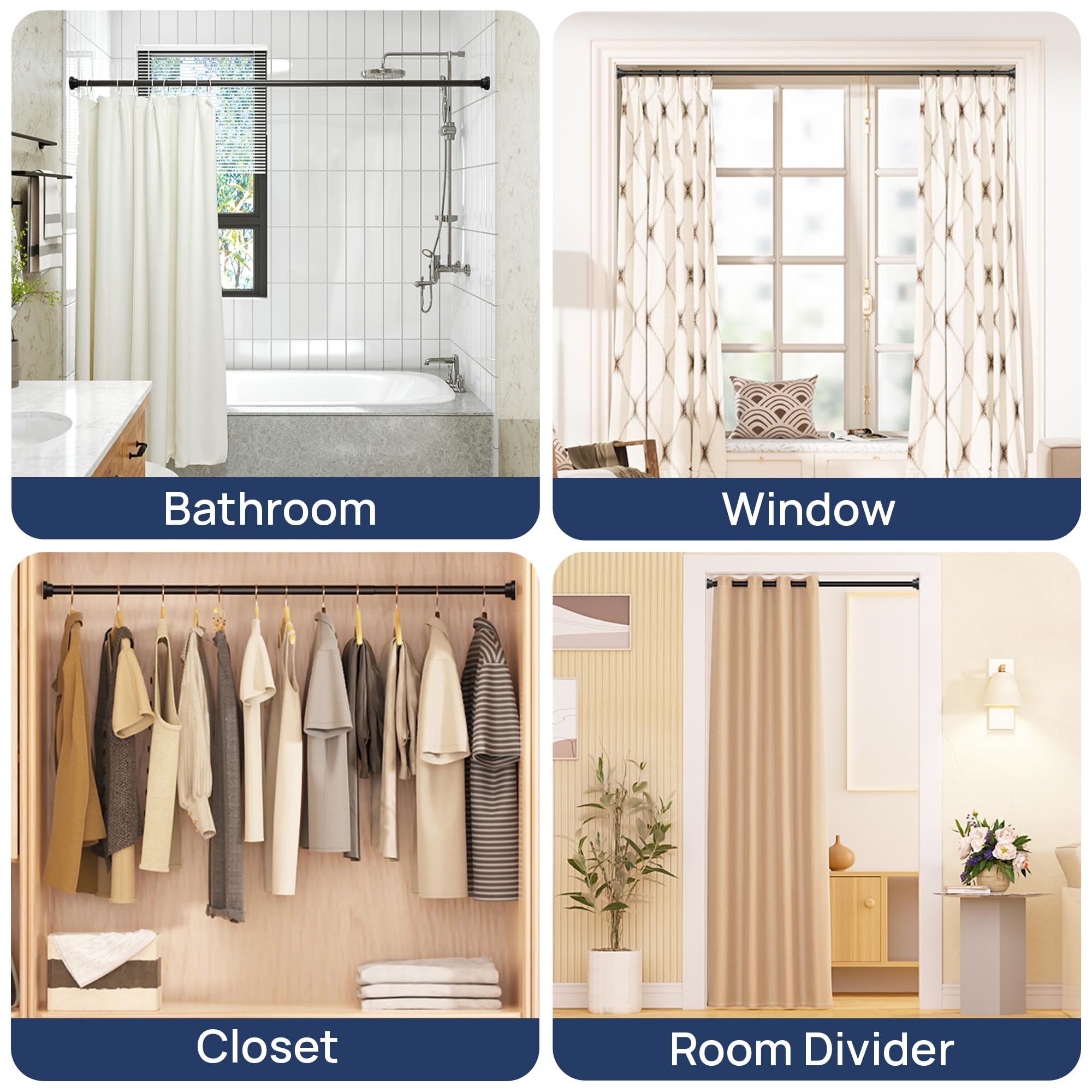 ENJOYBASICS 2 Pack Adjustable Spring Tension Curtain Rods 32 to 66 Inches, Stainless Steel Matte Black Shower Rod No Drilling for Window, Bathroom, Closet, Room Divider, 7/8" Diameter
