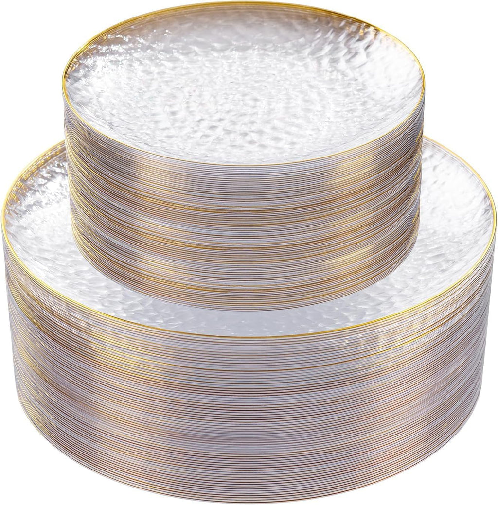 DaYammi 200Pcs Clear Plastic Plates,Clear Disposable Plates With Gold Rim,Heavy-duty Gold Plate,Hammered Party Plate Include 100 Dessert-Platos, 100 Dinner-Platos for Wedding, Party