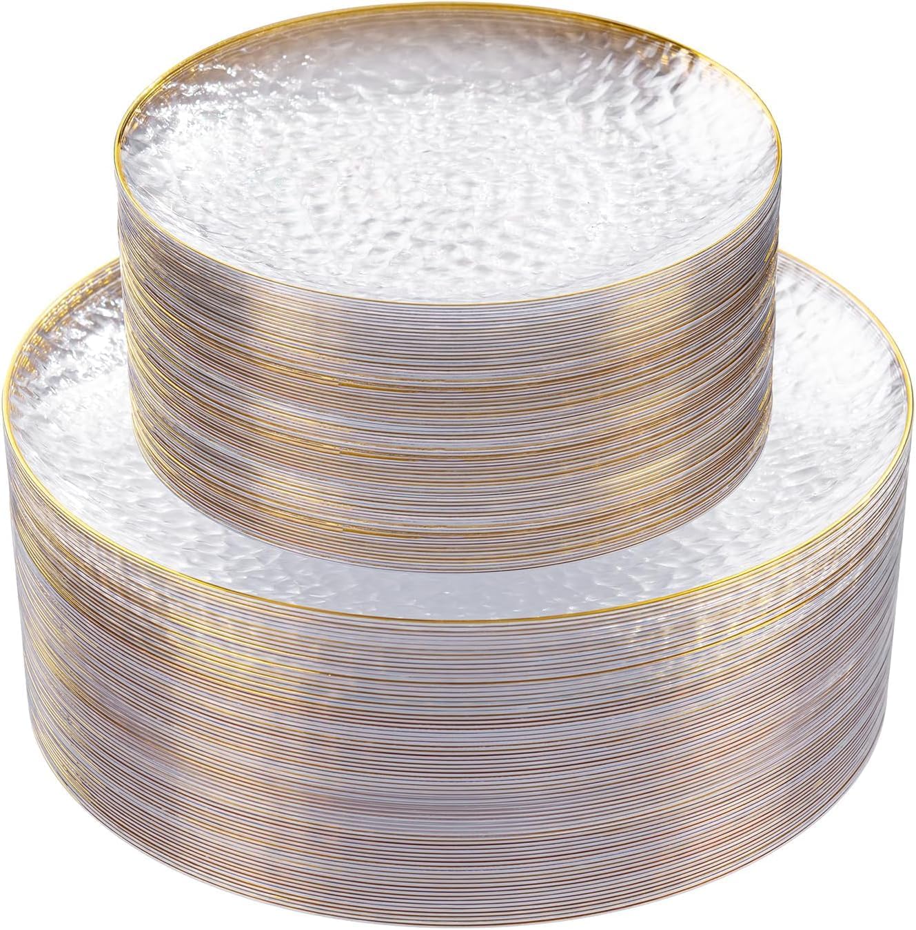 DaYammi 200Pcs Clear Plastic Plates,Clear Disposable Plates With Gold Rim,Heavy-duty Gold Plate,Hammered Party Plate Include 100 Dessert-Platos, 100 Dinner-Platos for Wedding, Party