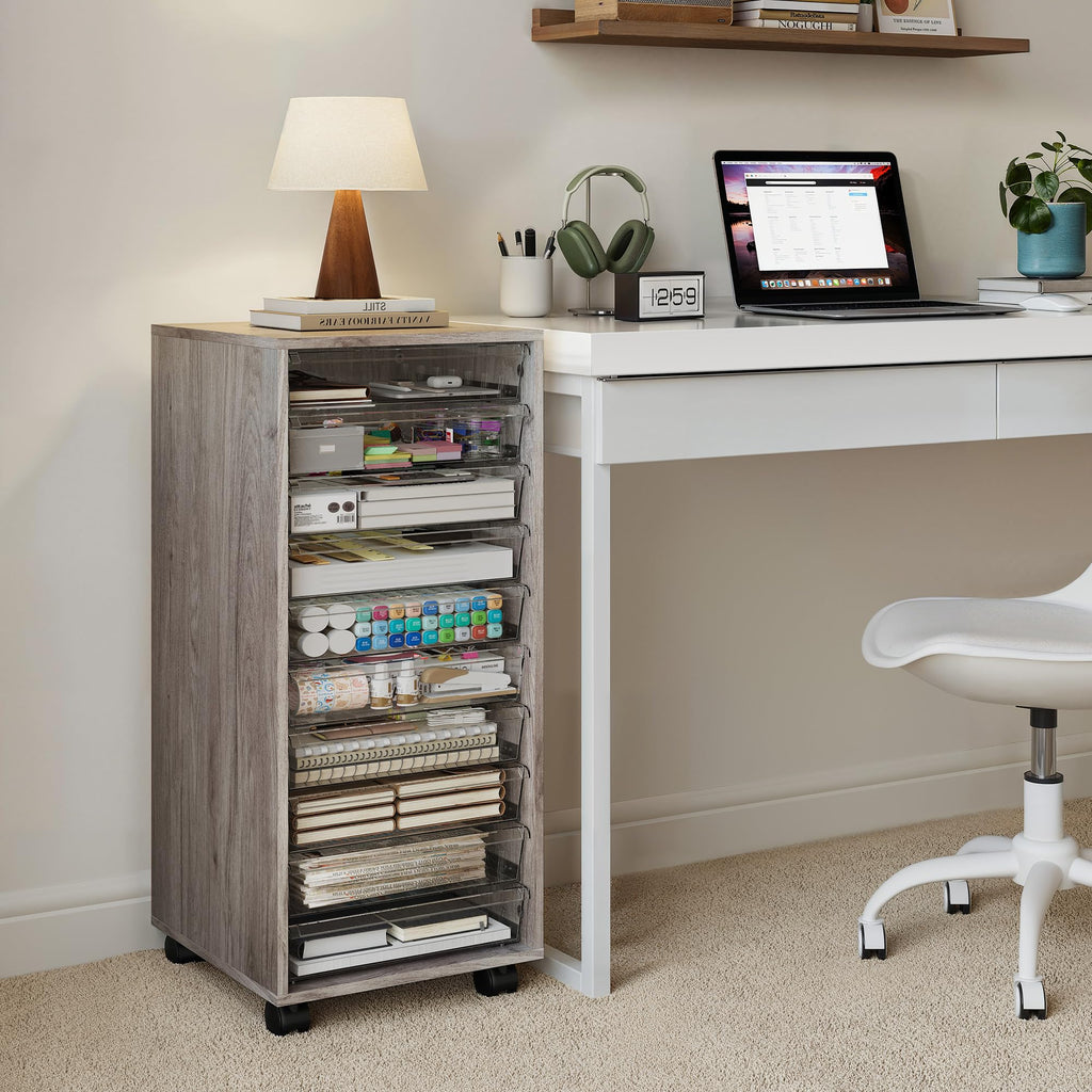WOPITUES Storage Drawer Cart, Mobile Storage Cabinet, Makeup Storage with 10 Large Clear Drawers, Utility Wooden Rolling Cart on Wheels, for Cosmetic, Art Craft, Office Supplies, Toy, White