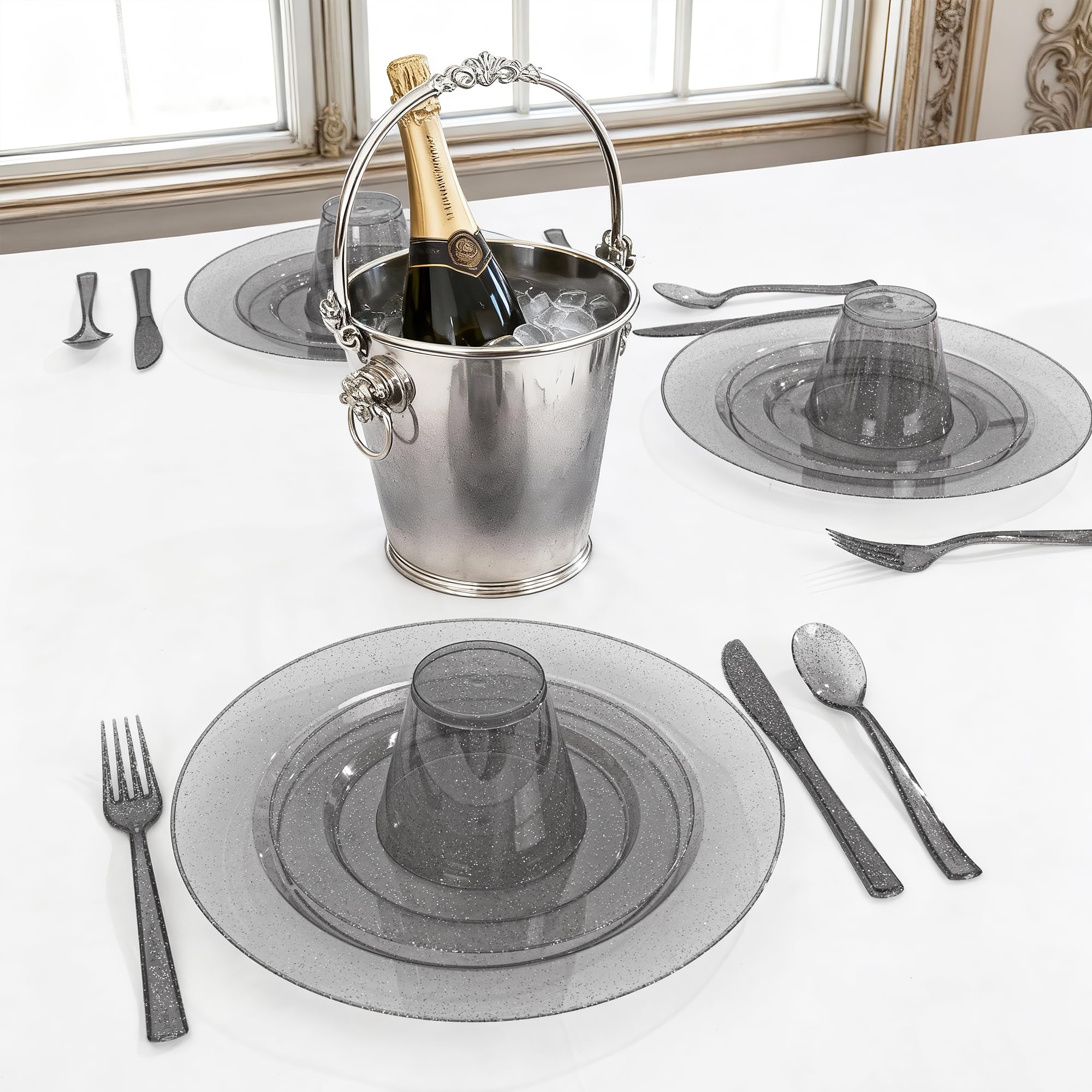 DaYammi 350PCS Gold Plastic Dinnerware Set for 50 Guests, Fancy Disposable Plates for Party, Include: 50 Dinner Plates, 50 Dessert Plates, 50 Pre Rolled Napkins with Gold Silverware, 50 Cups