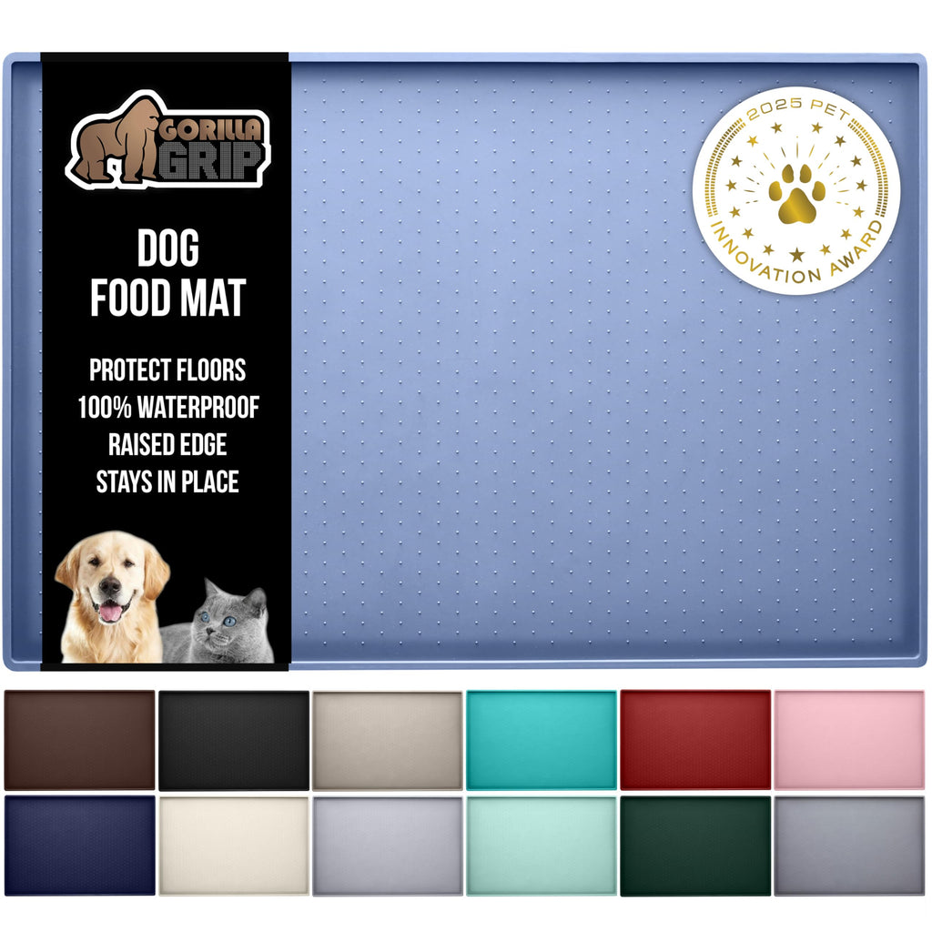 GORILLA GRIP 100% Waterproof Raised Edge BPA Free Silicone Pet Feeding Mat, Dog Cat Food Mats Contain Spills Protects Floors, Placemats for Cats and Dogs Water Bowl, Pets Accessories 18.5x11.5 Gray