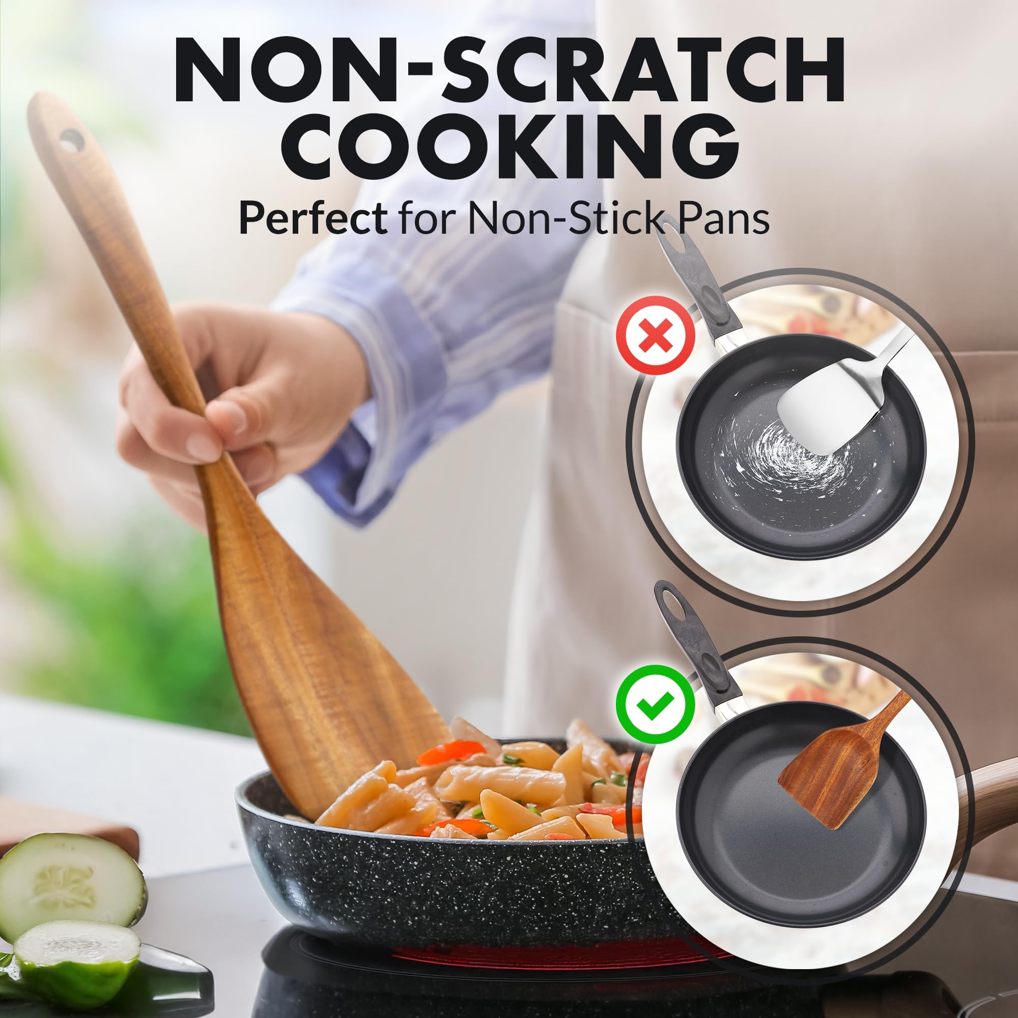 Zulay Kitchen 6 Piece Wooden Spoons for Cooking – Natural Teak Wooden Utensil Set, Easy to Clean, Durable, Smooth with Comfort Grip - Non Toxic Wooden Cooking Utensil Sets
