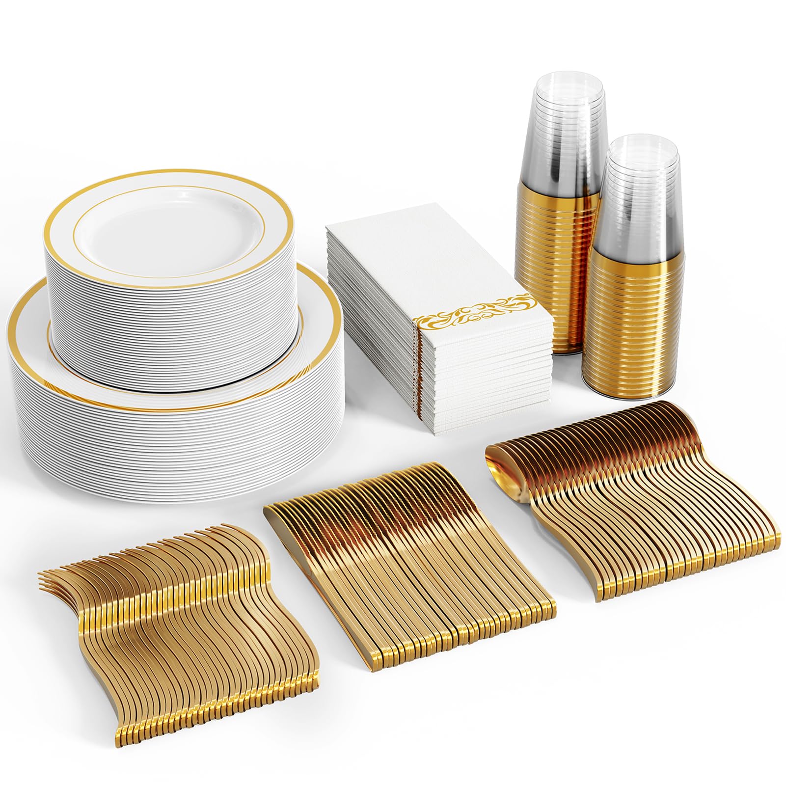 FOCUSLINE 350 Ct Disposable Dinnerware Set for 50 Guests -Heavy Duty Plastic Plates with Gold Rim, Includes 50 Dinner & Salad Plates, Cups, Napkins, Cutlery Set