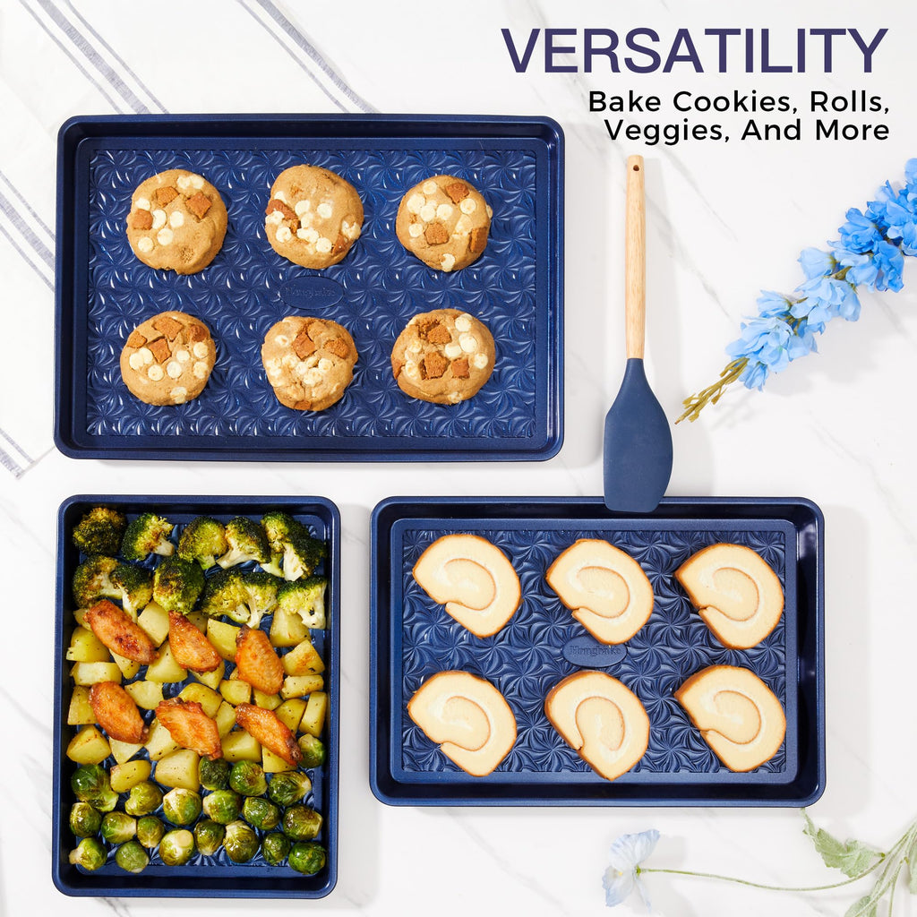 HONGBAKE Nonstick Baking Sheet Pan Set of 3, Cookie Sheets for Oven, Non-Toxic Half/Quarter/Jelly Roll Pans with Floral Swirl Texture, Heavy Duty 0.8mm Thick Oven Trays for Cooking, Dark Gray
