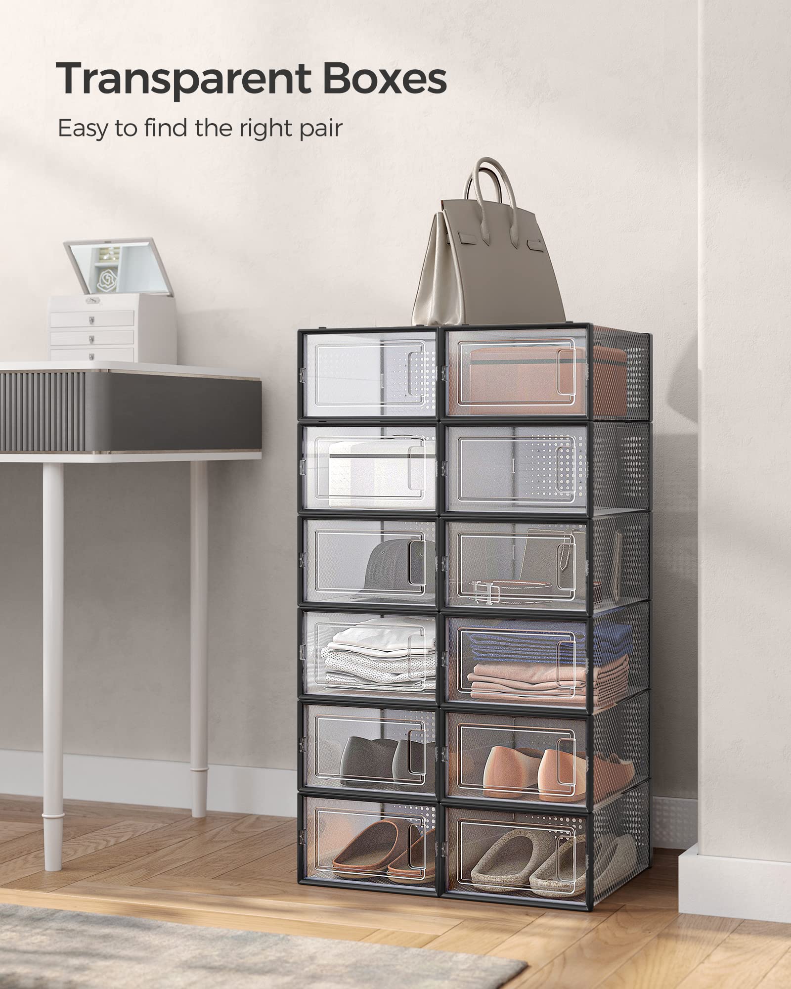 SONGMICS Shoe Boxes, Pack of 12 Shoe Storage Organizers, Stackable Clear Plastic Boxes for Closet, Sneakers, 13.1 x 9.1 x 5.6 Inches, Transparent and White ULSP12SWT