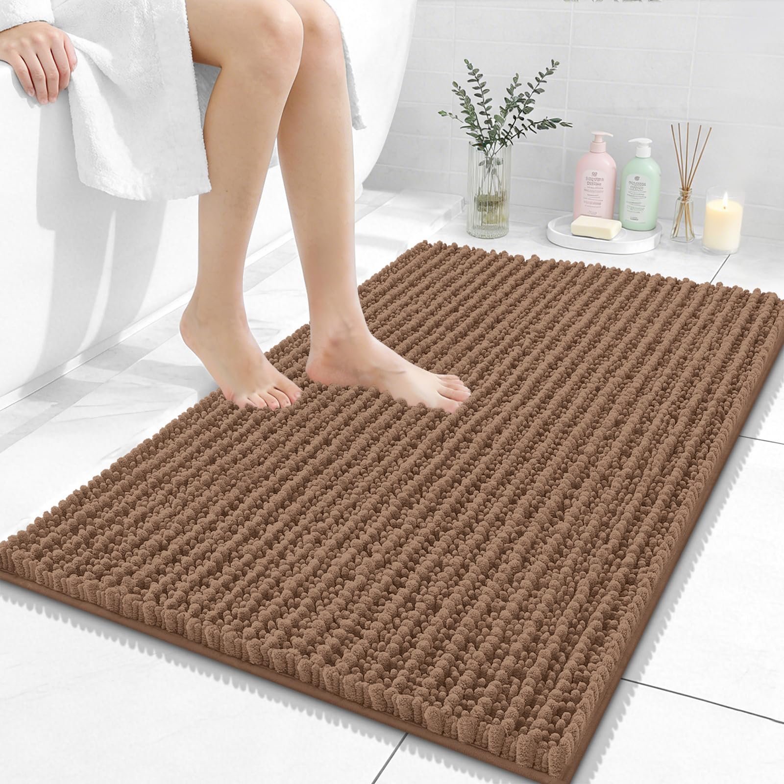OLANLY Bathroom Rug Mat 30x20, Thick Soft and Absorbent Chenille Bath Mat, Non-Slip Rubber Backing, Machine Washable Quick Dry Bath Rugs for Tub Shower Floor, Home Decor Accessories, Grey