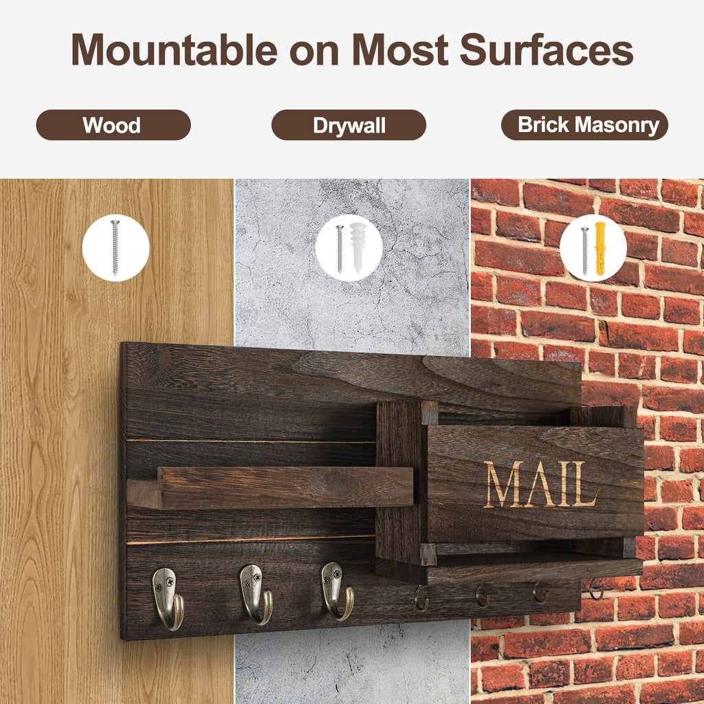 Mail Organizer for Wall Mount – Key Holder with Shelf Includes Letter Holder and Hooks for Hallway Farmhouse Decor – Rustic Wood with Flush Mounting Hardware (16.5” x 9.1” x 3.4”) (White)