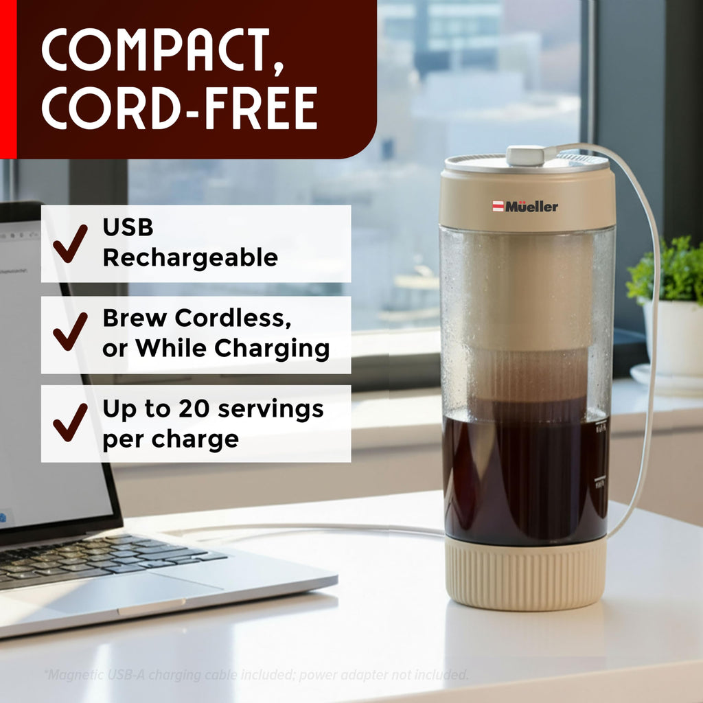 Mueller RapidBrew Cold Brew Iced Coffee Maker – 10 Min Fast Brew Portable Rechargeable Cold Brew Machine for Coffee & Tea – Adjustable Strength 10-99 Min – 20 Servings Per Charge, Black Coffee