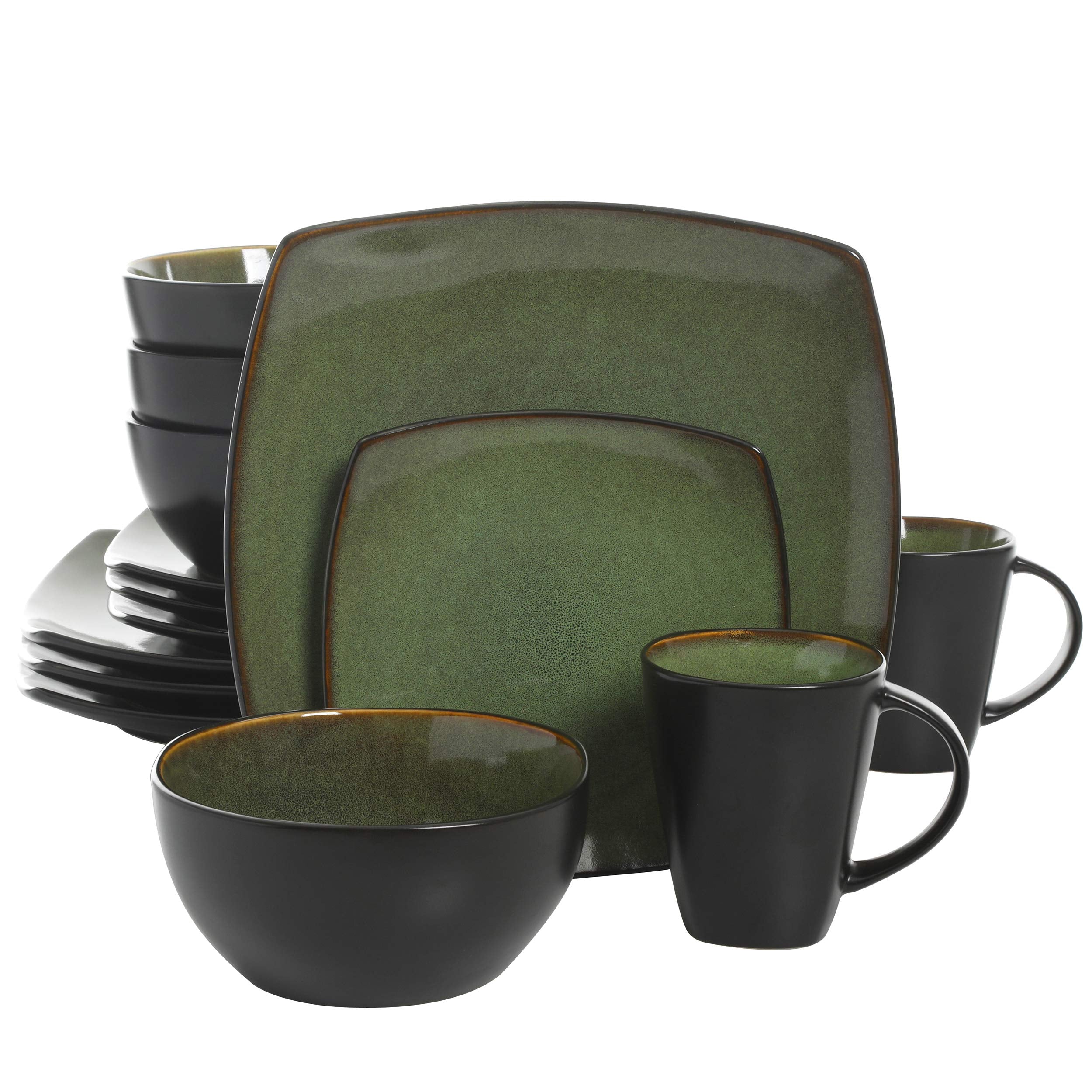 Gibson Elite Soho Lounge Square 16-Piece Dinnerware Set, Service for 4, Reactive Glaze Stoneware Plates and Bowls, Modern Dishes, Microwave & Dishwasher Safe – Red and Black