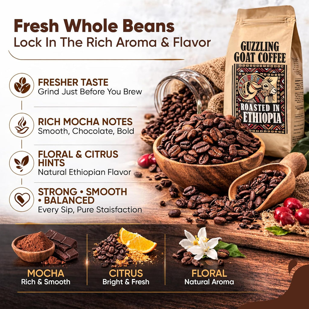 Guzzling Goat Ethiopian Coffee Beans | Premium 100% Arabica Whole Bean Coffee Medium Roast | Strong Flavorful Brew | Sourced & Roasted in Ethiopia | 1 lb (454g)