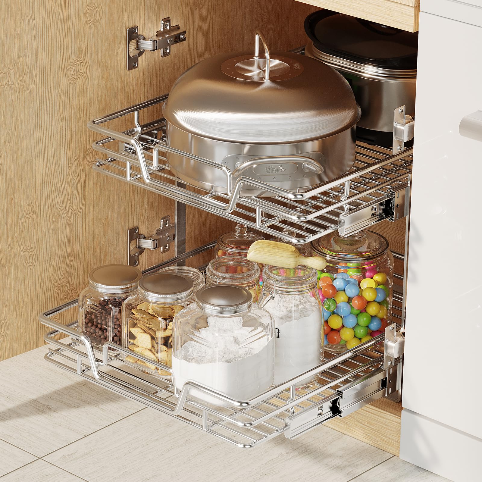 2-Tier Kitchen Cabinet,Pull Out Cabinet Organizer,Shelf and Drawer Organizer Slide Out Pantry Storaqe Basket in Multiple Sizes (12" W x21 D)