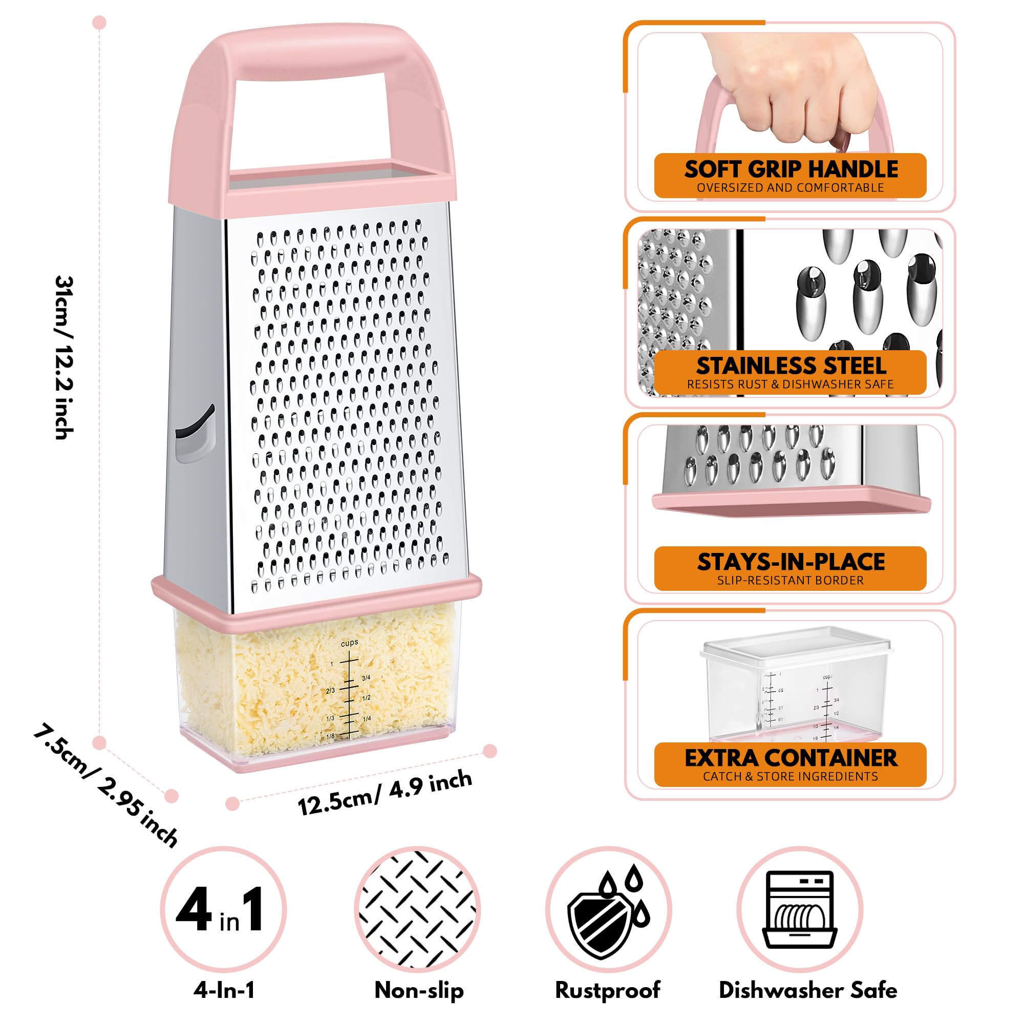 Urbanstrive Cheese Grater With Container Box Grater Stainless Steel Graters for Kitchen Cheese Shredder Parmesan Shredder Kitchen Gadgets Kitchen Tools Kitchen Gifts for Chef Dishwasher Safe Zester