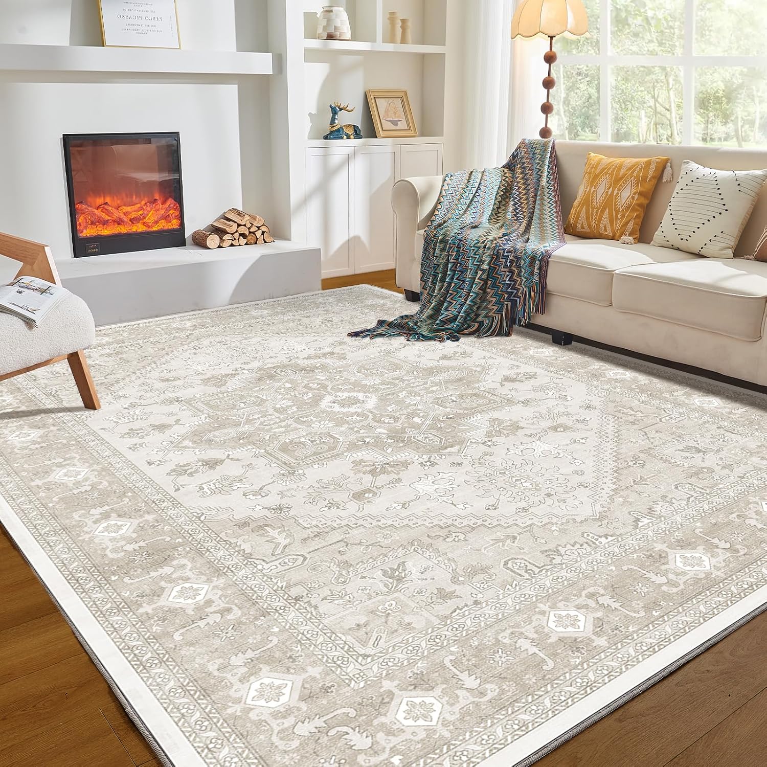 OPPODREAM Soft Area Rugs 5x7, 5x7 Washable Rug with Non Slip Backing, 5 x 7 Faux Cashmere Low-Pile Carpet, Brown