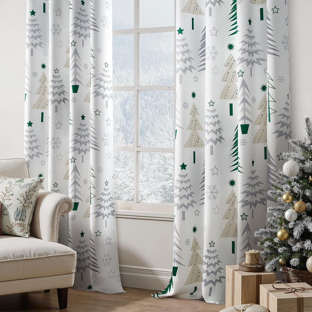 Topfinel Christmas Curtains 84 Inch Length for Living Room 2 Panels Set,Grommet Xmas Decoration Window Curtains with Christmas Tree and Snowflake Print for Bedroom,Set of 2,52x84 Inches Long,White