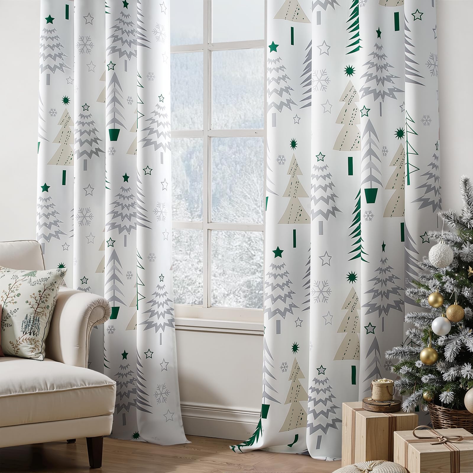 Topfinel Christmas Curtains 84 Inch Length for Living Room 2 Panels Set,Grommet Xmas Decoration Window Curtains with Christmas Tree and Snowflake Print for Bedroom,Set of 2,52x84 Inches Long,White