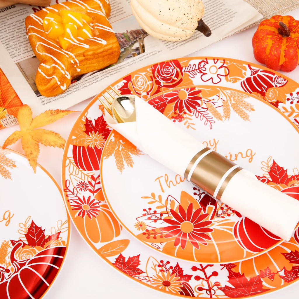 DaYammi 210Pcs White Gold Plastic Plates for Party,Gold Disposable Dinnerware Set Includes 60 gold Floral Plates,30 Plastic Silverware,30 Per Rolled Napkins,30 Cups for Mother's Day Party Wedding