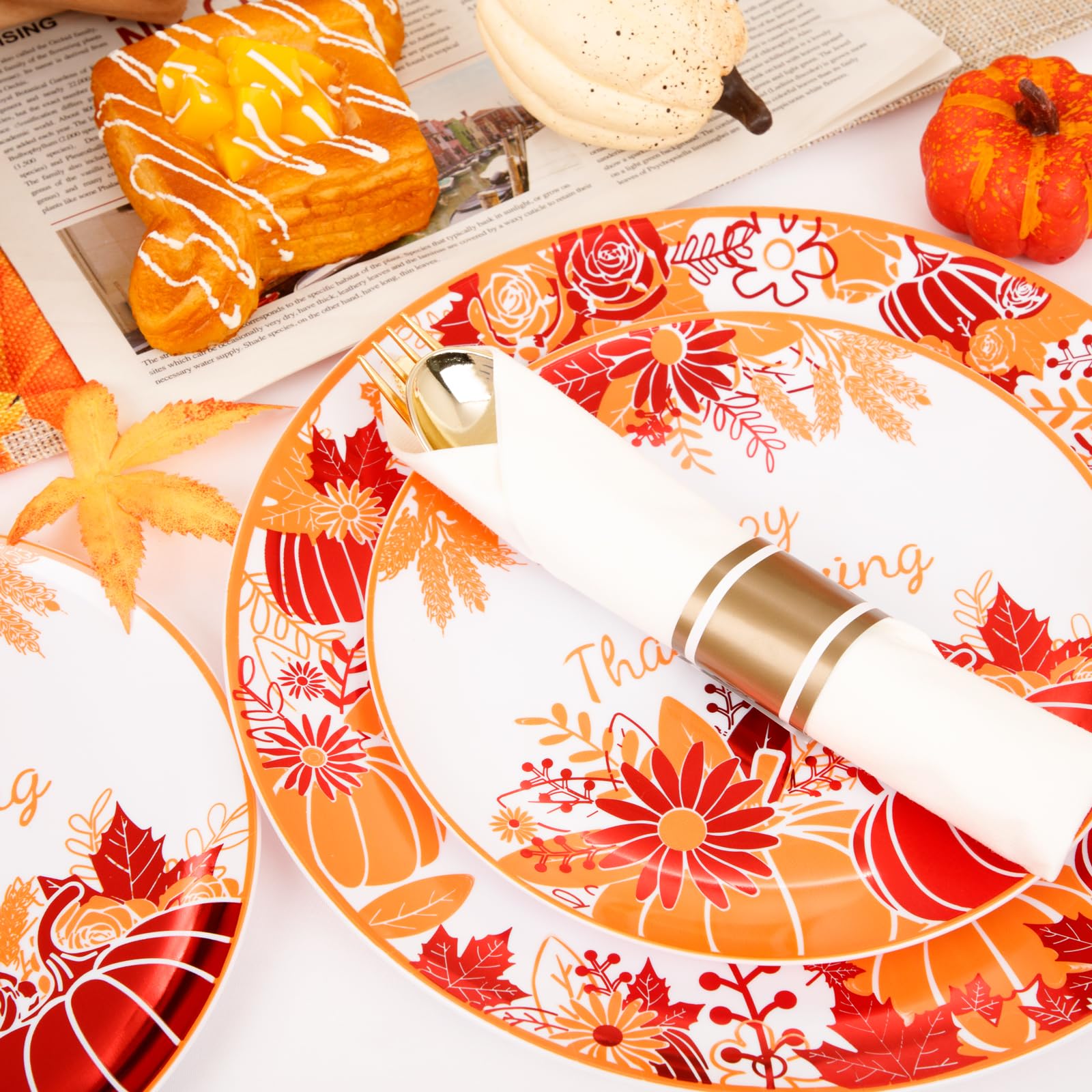 DaYammi 210Pcs White Gold Plastic Plates for Party,Gold Disposable Dinnerware Set Includes 60 gold Floral Plates,30 Plastic Silverware,30 Per Rolled Napkins,30 Cups for Mother's Day Party Wedding