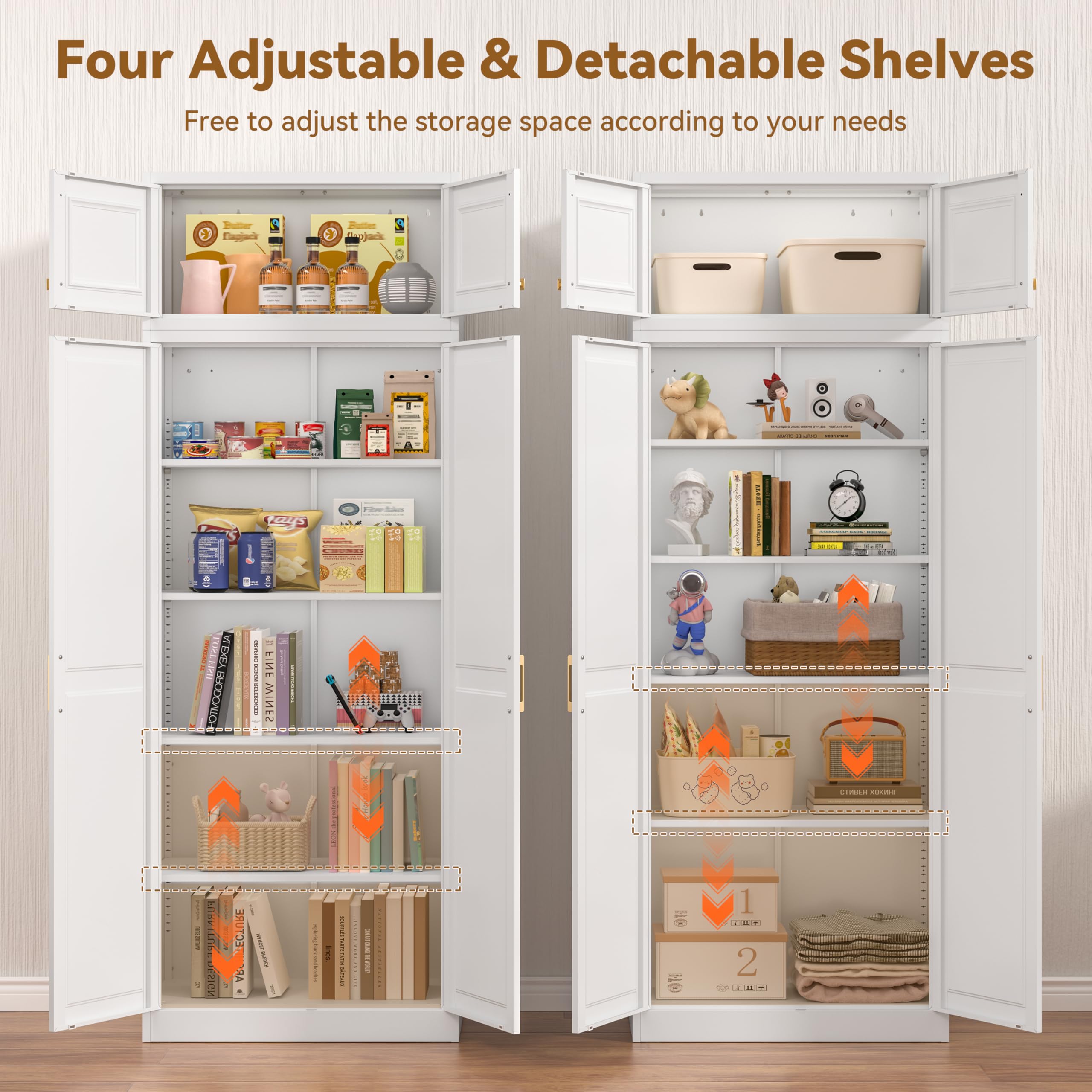 Polup White Kitchen Pantry Cabinet, 71 Inch Tall Metal Storage Cabinet with Doors and Shelves, Pantry Cabinets for Kitchen Storage, Freestanding Cupboard for Living, Dining Room, Assemble Required