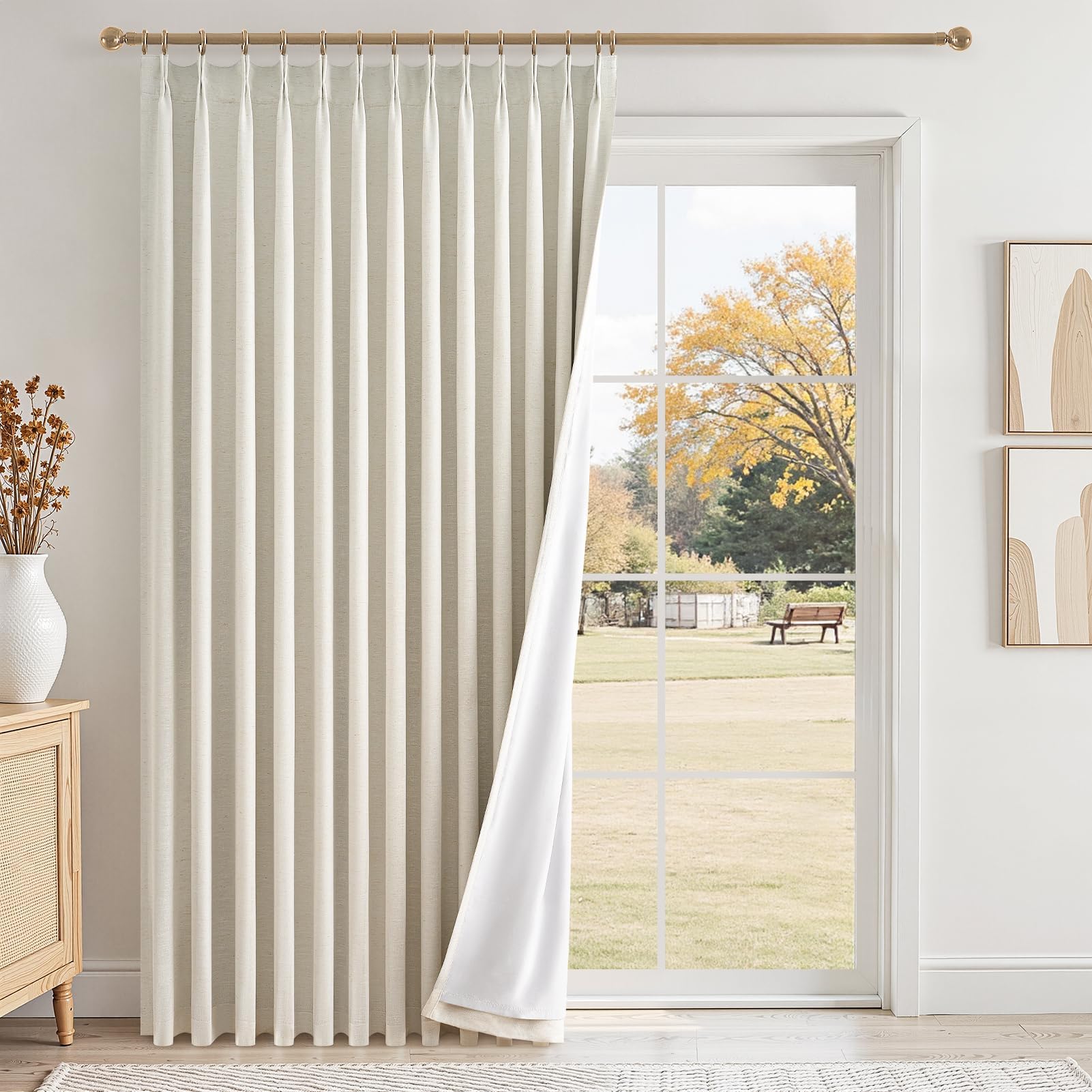 Topfinel 96 Inches Long Pinch Pleated 100% Blackout Curtains,Thermal Insulated Natural Linen Pinch Pleat Viral Drapes with Hooks Rings 2 Panel Sets,Neutral Beige Ivory 8FT Back Tab Window Curtains