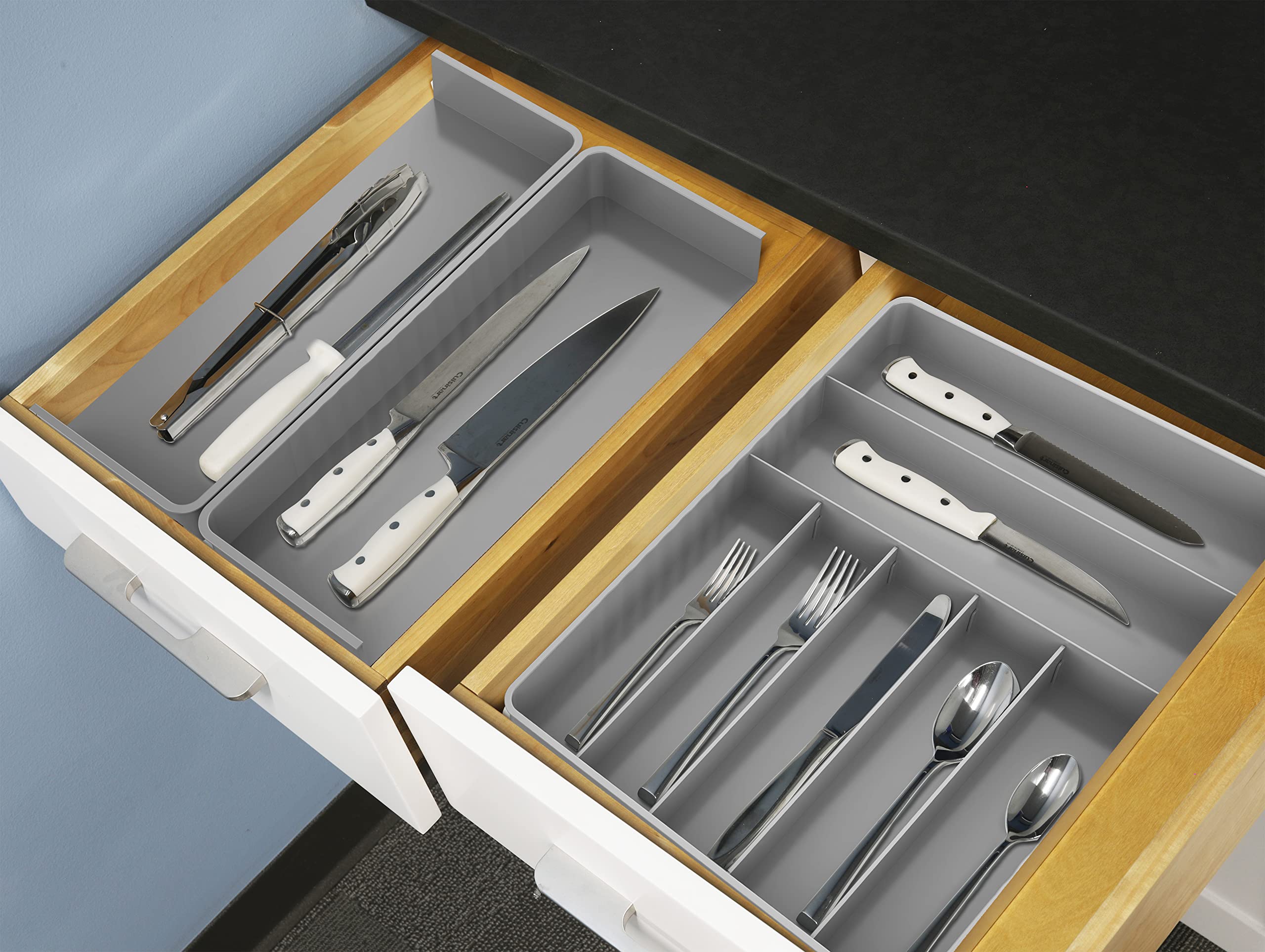Simple Houseware Expandable & Adjustable Cutlery Drawer Organizer - Large Utensil and Flatware Tray for Kitchen Drawers, White