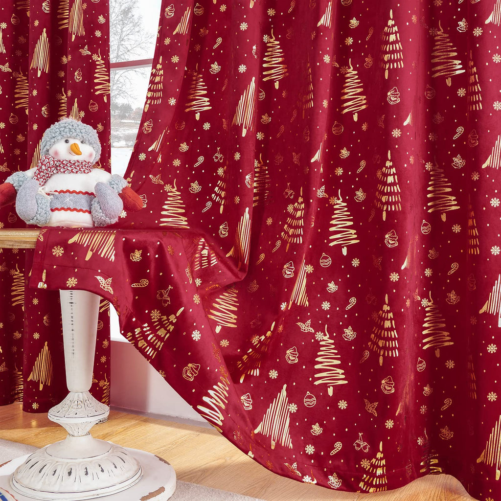 96 inches Long Red christmas curtains velvet for Living Room, Printed with Grinch & Tree Pattern Thermal Insulated Blackout Curtains drapes for winter 96 inch length 2 Panels Set cortinas navideas