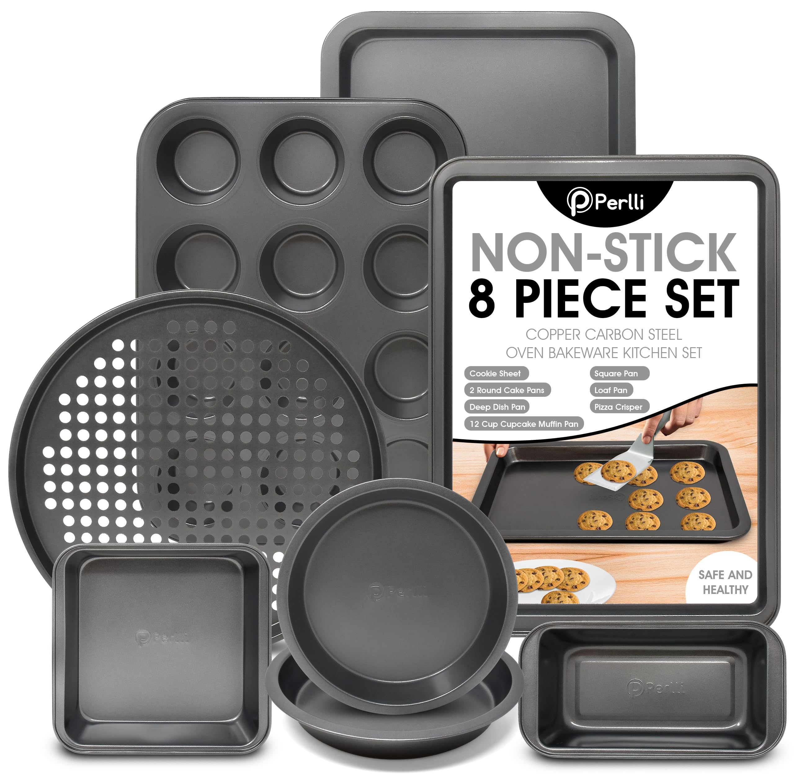 PERLLI Non-Stick 10-Piece Bakeware Set – Carbon Steel with Even Heat Distribution, Oven Safe to 446°F, BPA-Free, Dishwasher Safe, Stackable Baking Tools for Easy Storage and Everyday Cooking - Gray