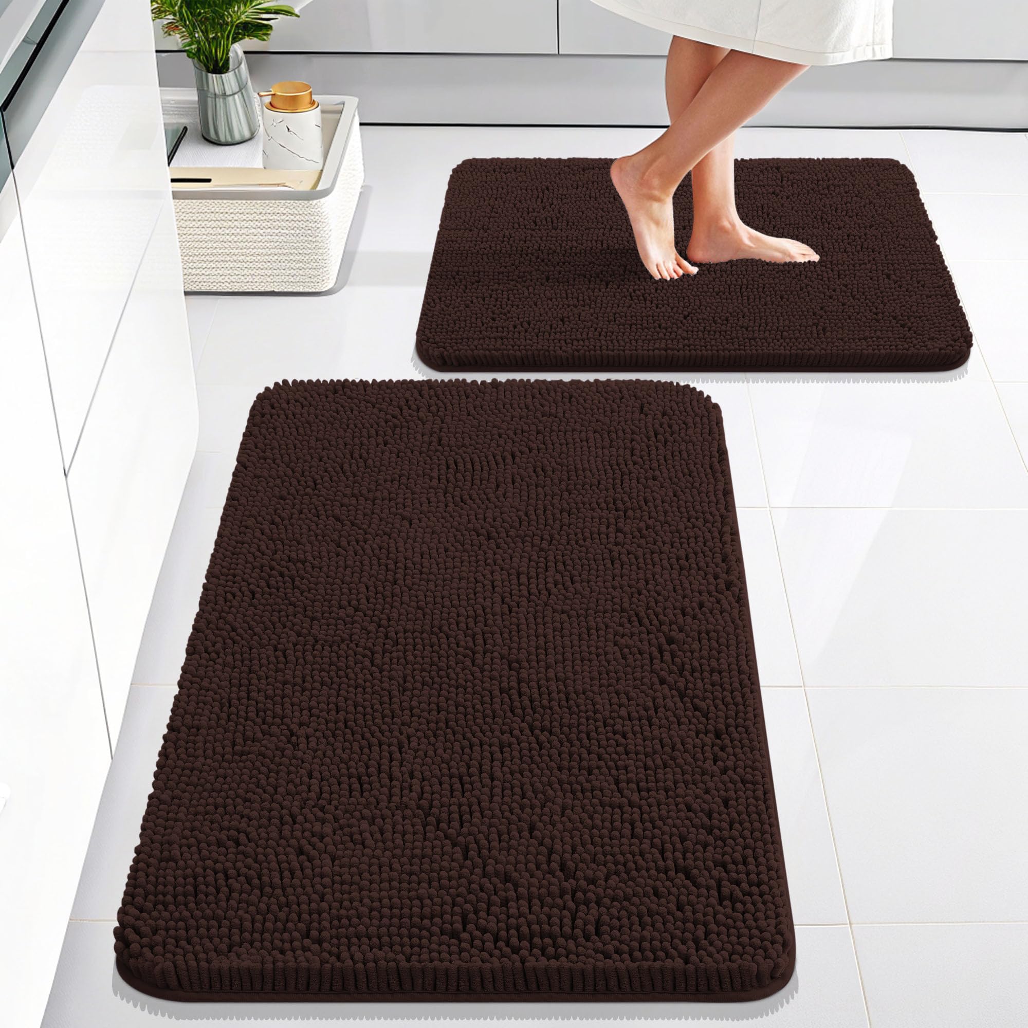 OLANLY Bathroom Rugs Sets 2 Piece, Soft Absorbent Chenille Bath Mats and U-Shaped Contour Toilet Mat Area Rug Set, Machine Washable Bath Carpet, Home Decor Accessories(30"x20"+24"x20", Grey)