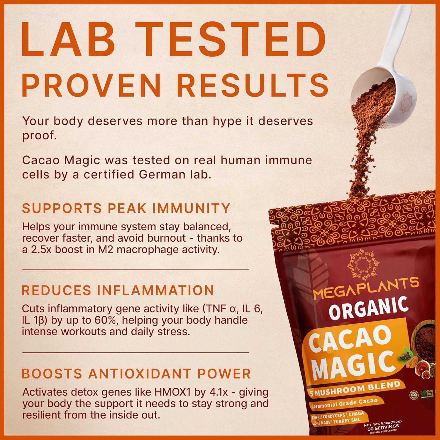 MegaPlants Cacao Magic | Superfood 5 Mushroom Blend | Lions Mane, Reishi, Chaga, Cordyceps, Turkey Tail | Smoothie, Hot Chocolate, Coffee Alternative