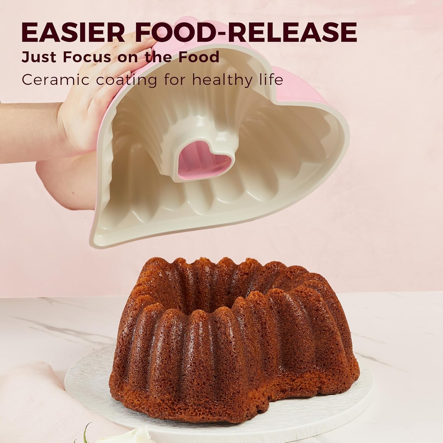 HONGBAKE Heart Shaped Cake Pan, Cast Aluminum Pound Cake Pan with Non-Toxic Ceramic Coating, Nonstick Fluted Cake Mold for Baking, Valentine's Day & Special Occasions,10-Inch, Pink
