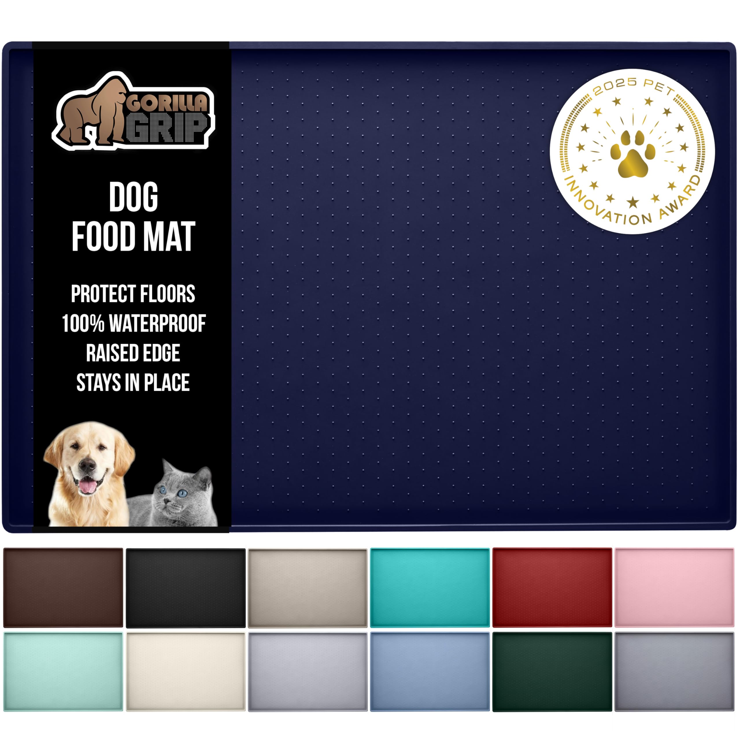 GORILLA GRIP 100% Waterproof Raised Edge BPA Free Silicone Pet Feeding Mat, Dog Cat Food Mats Contain Spills Protects Floors, Placemats for Cats and Dogs Water Bowl, Pets Accessories 18.5x11.5 Gray