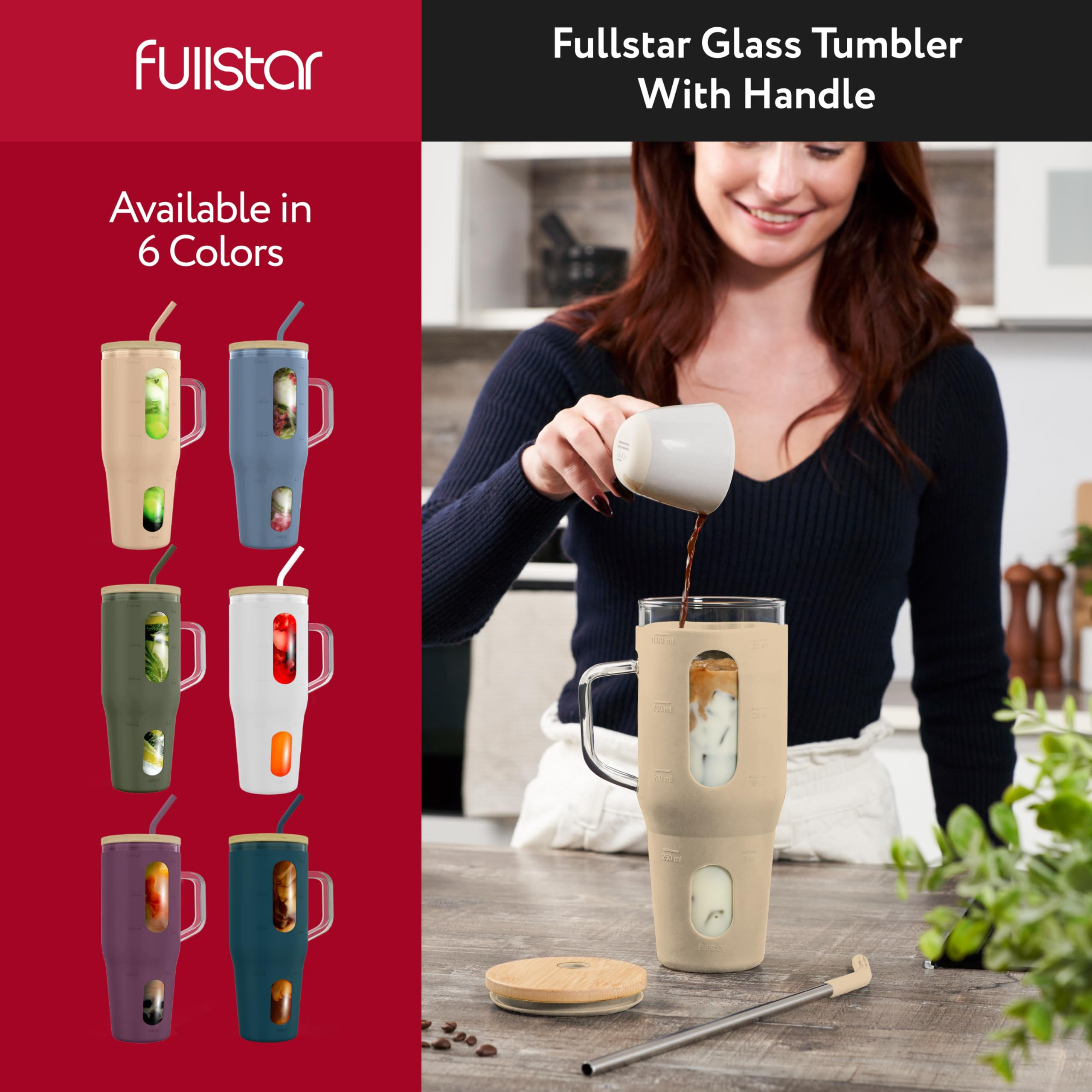 fullstar Glass Cups with Lids and Straws - Drinking Glasses, Glass Tumbler with Straw and Lid, Iced Coffee Cup with Bamboo Lids (Nude, 1 Pack)