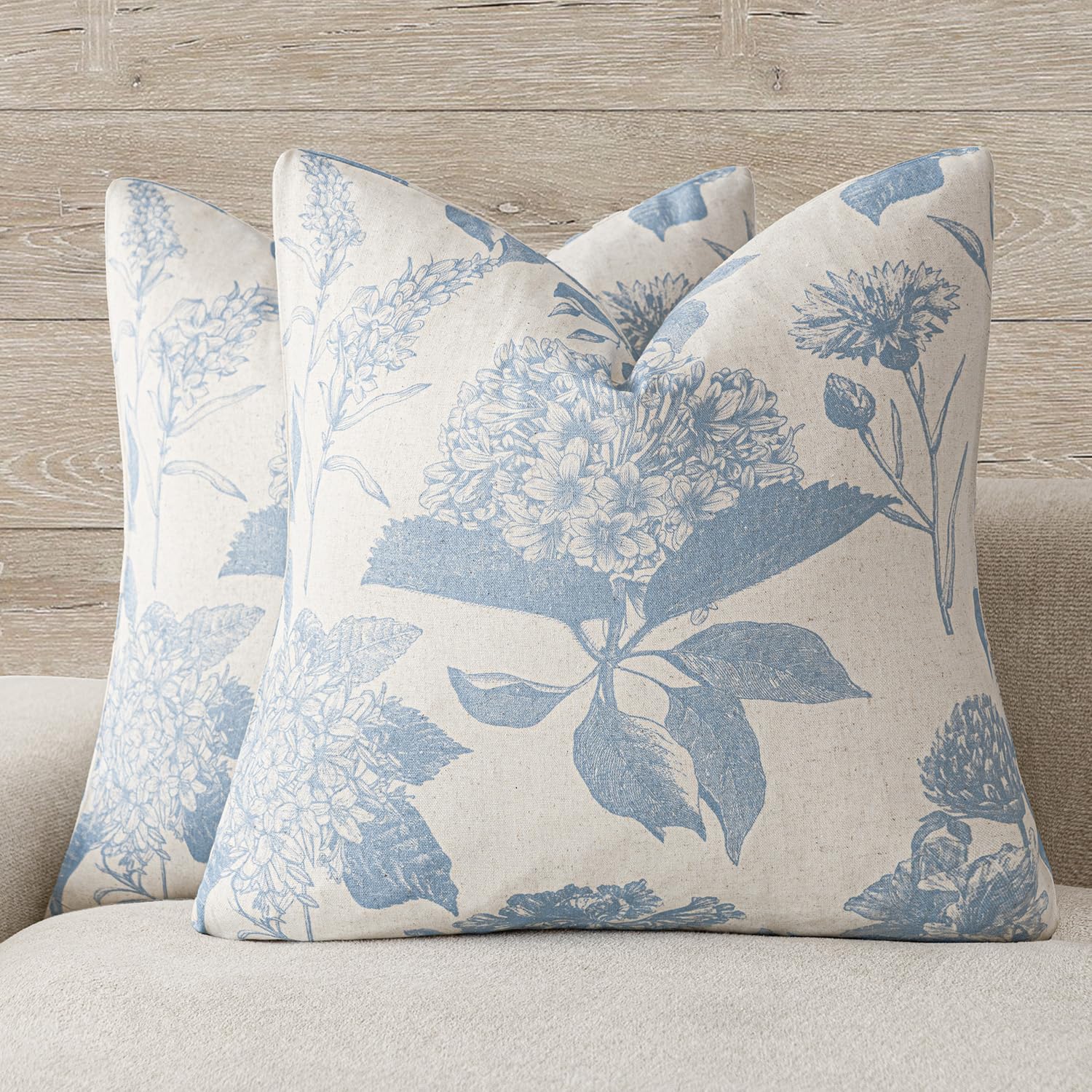 Foindtower Set of 2 Linen Floral Vintage Throw Pillow Covers Neutral Accent Print Decorative Cushion Covers Farmhouse Boho Home Decor for Sofa Chair Couch Bedroom Living Room,18×18 Inch,Blue