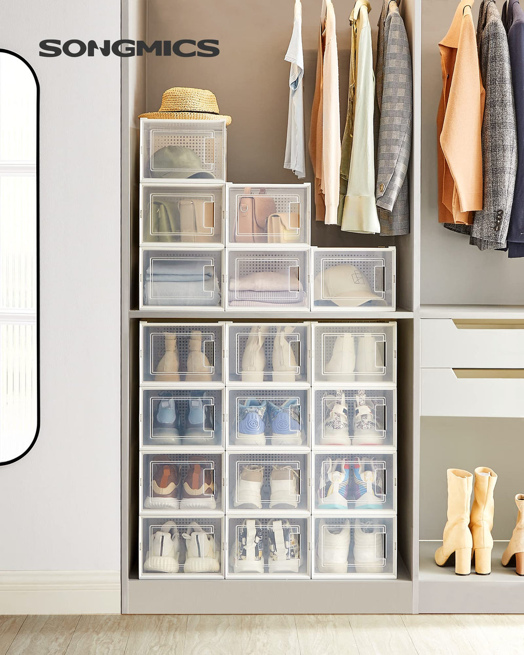 SONGMICS Shoe Boxes, Pack of 12 Shoe Storage Organizers, Stackable Clear Plastic Boxes for Closet, Sneakers, 13.1 x 9.1 x 5.6 Inches, Transparent and White ULSP12SWT