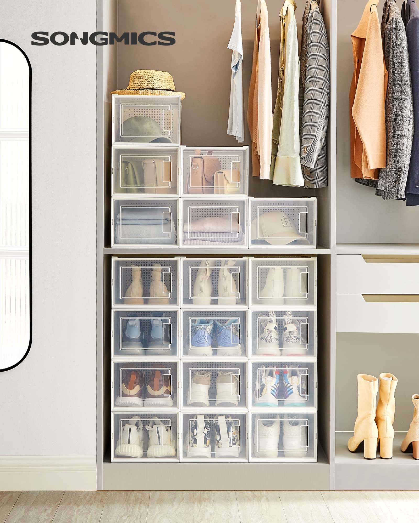 SONGMICS Shoe Boxes, Pack of 12 Shoe Storage Organizers, Stackable Clear Plastic Boxes for Closet, Sneakers, 13.1 x 9.1 x 5.6 Inches, Transparent and White ULSP12SWT