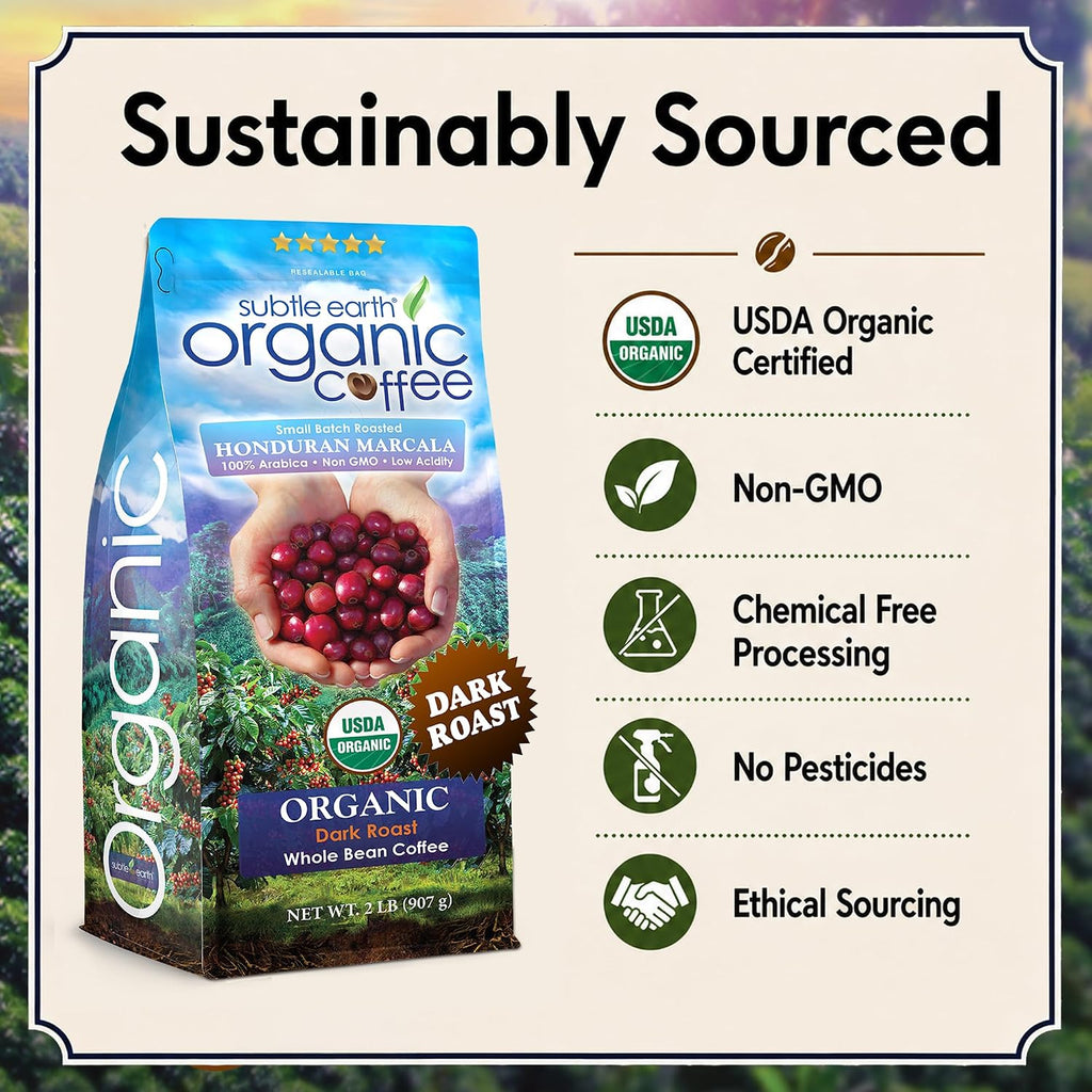 2LB Subtle Earth Organic Coffee - Dark Roast - Whole Bean Coffee - 100% Arabica Beans - Low Acidity and Non-GMO - 2lb bag