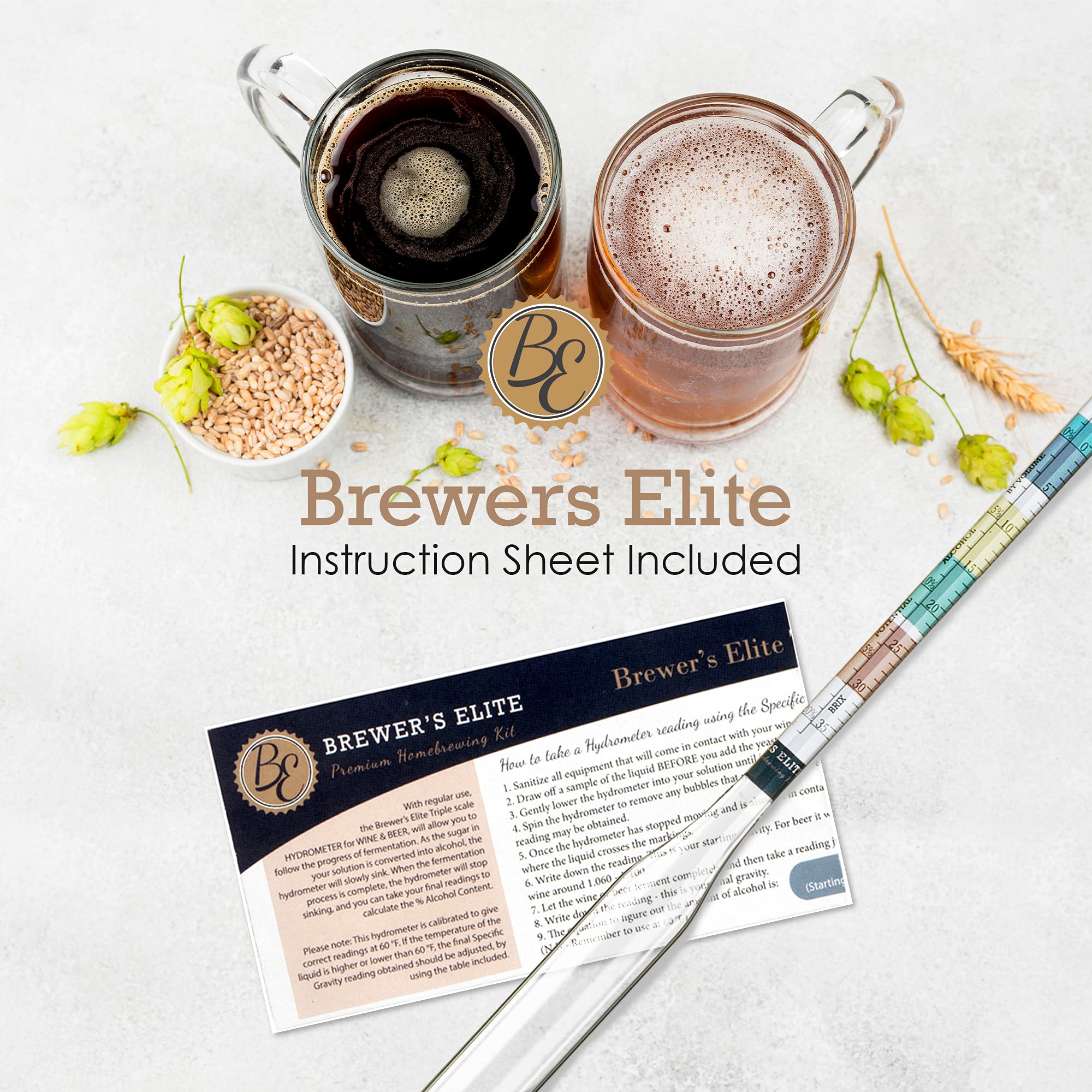Brewer's Elite Hydrometer & Plastic Test Jar - for Home Brew Beer, Wine, Mead and Kombucha - Deluxe Triple Scale Set, Hardcase and Cloth - Specific Gravity ABV Tester