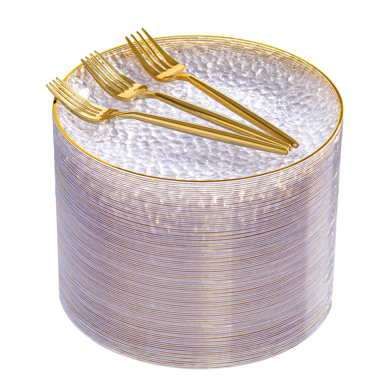 DaYammi 240Pcs Gold Plastic Plates Including 120Pcs Dessert Plates and 120Pcs Cake Forks,Hammered Party Plate,Clear Gold Appetizer plates Heavy duty Disposable Plastic Plate for Party Wedding Birthday