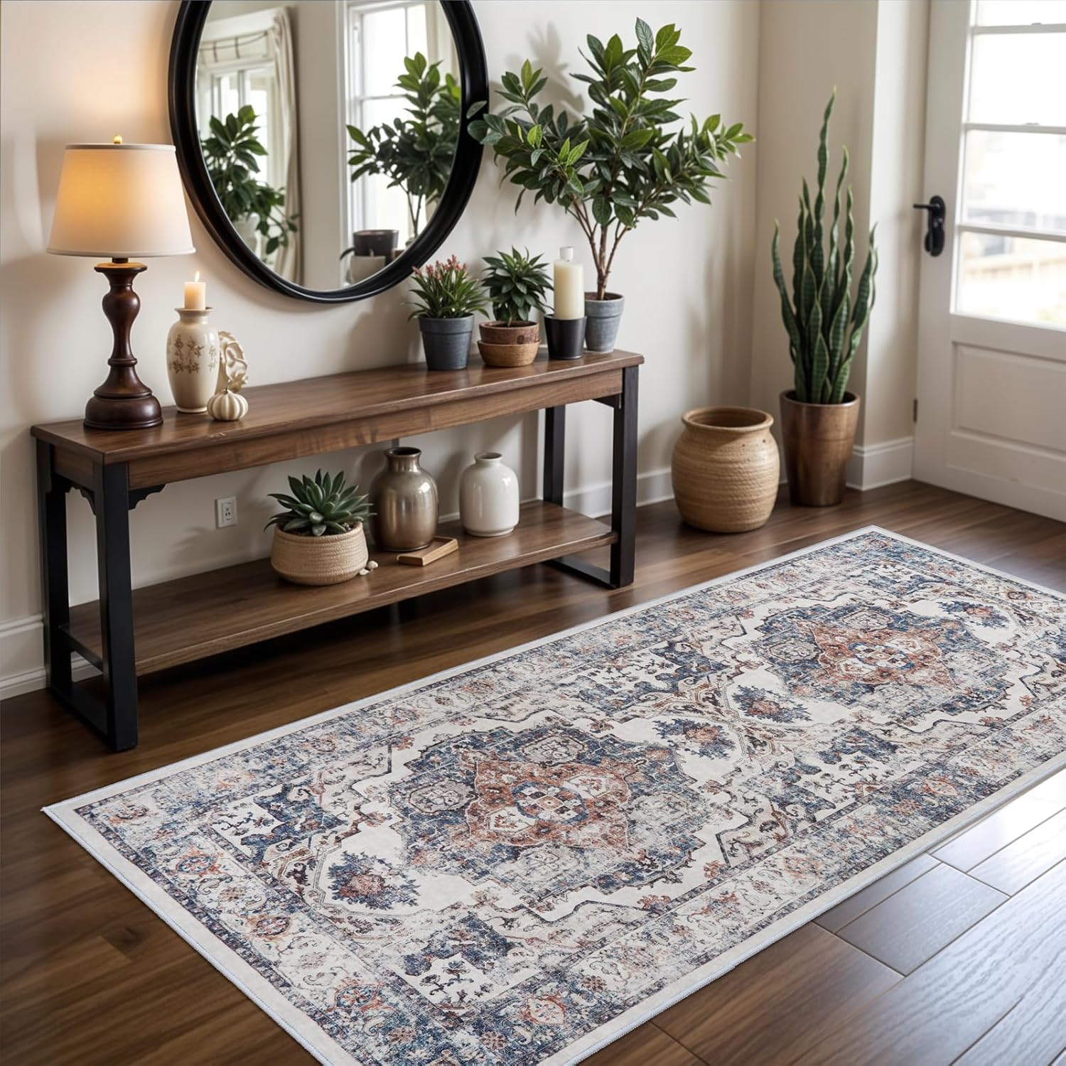 Washable 2x3 Entryway Area Rug - Neutral Kitchen Rug Runner Vintage Soft Floor Mat Non Slip Indoor Farmhouse Carpet for Bathroom Living Room Bedroom (2 X 3, Beige)