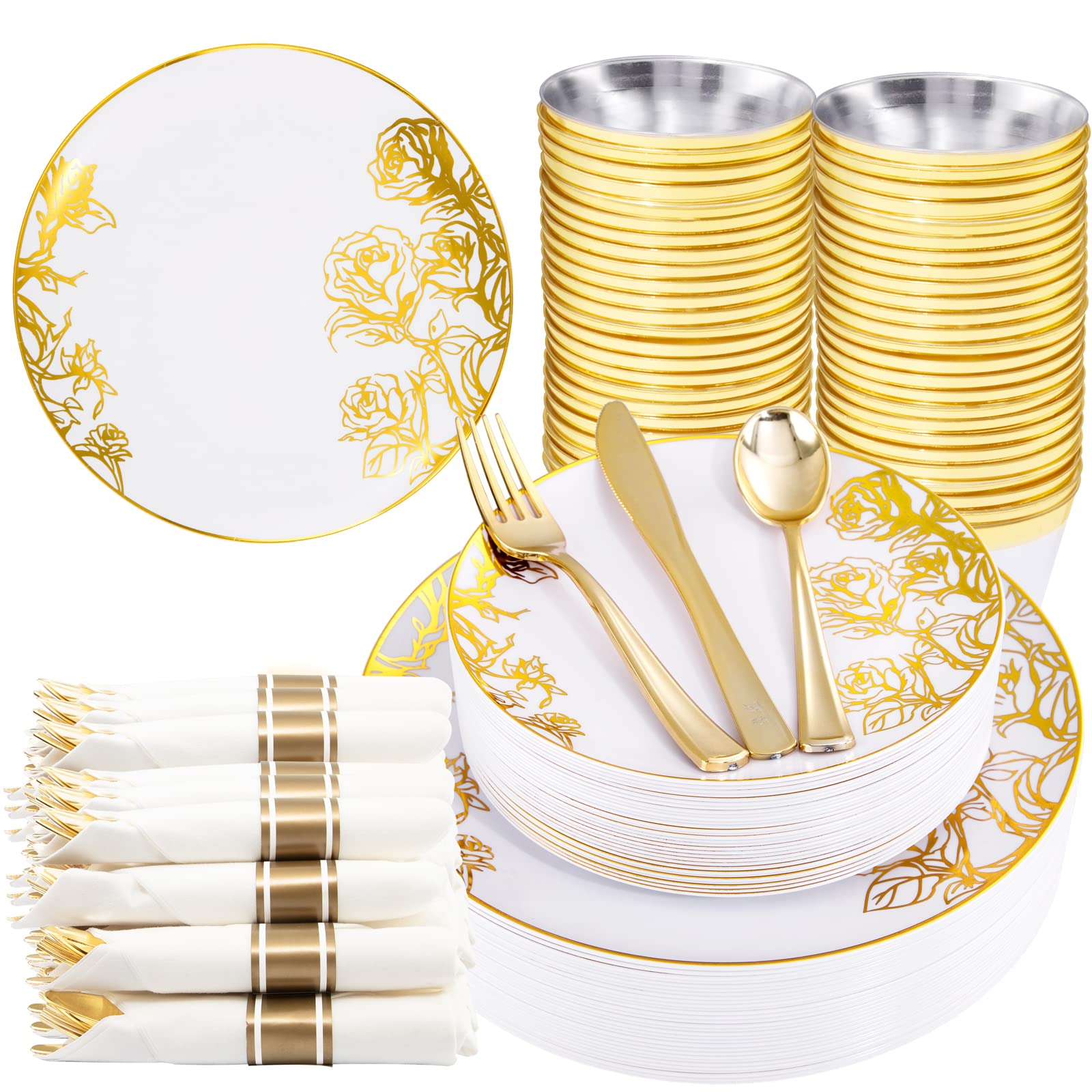 DaYammi 210Pcs White Gold Plastic Plates for Party,Gold Disposable Dinnerware Set Includes 60 gold Floral Plates,30 Plastic Silverware,30 Per Rolled Napkins,30 Cups for Mother's Day Party Wedding